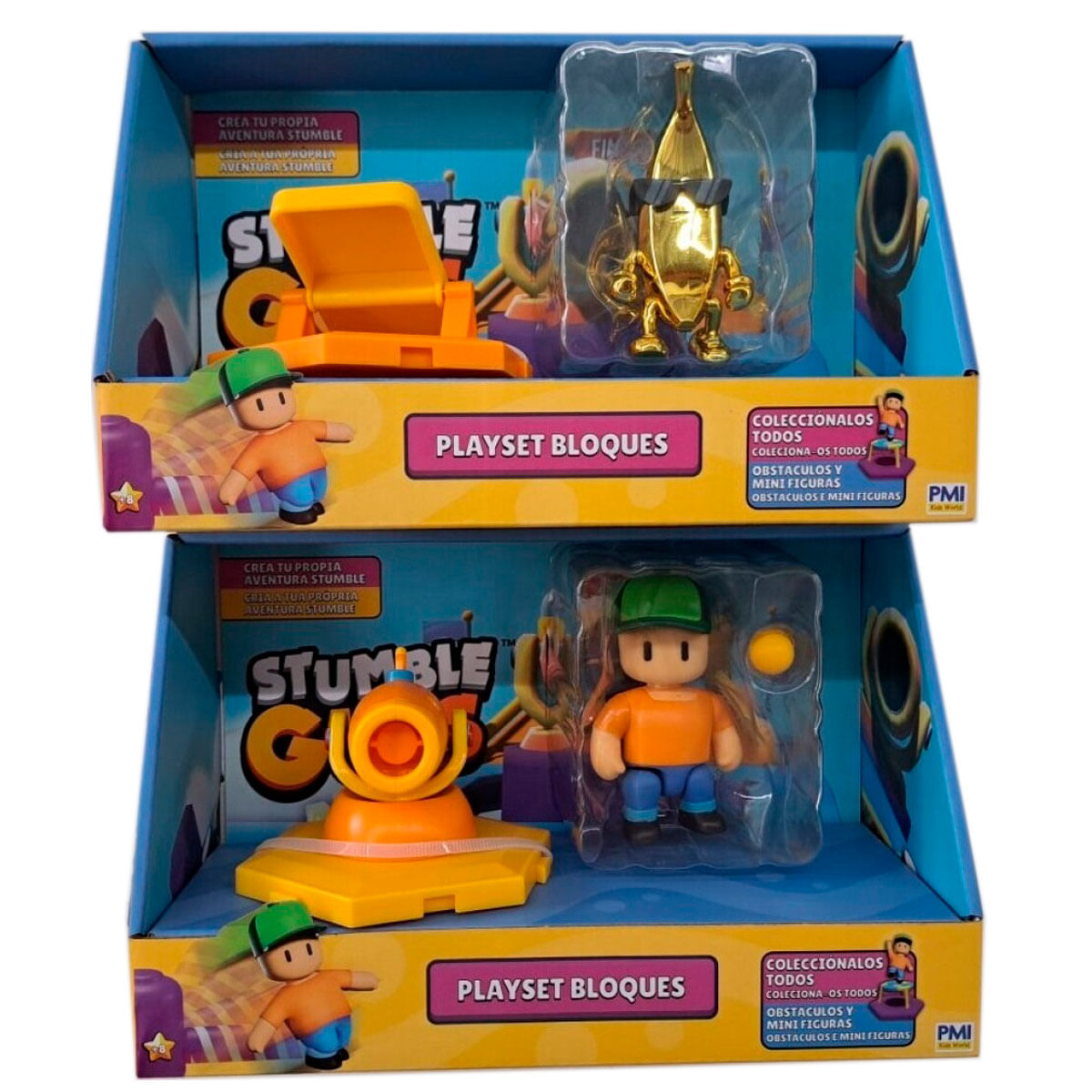 Dos cajas de juguetes con figuras de Stumble Guys. Cada caja contiene una figura y un juego amarillo. Las cajas son azules y amarillas.