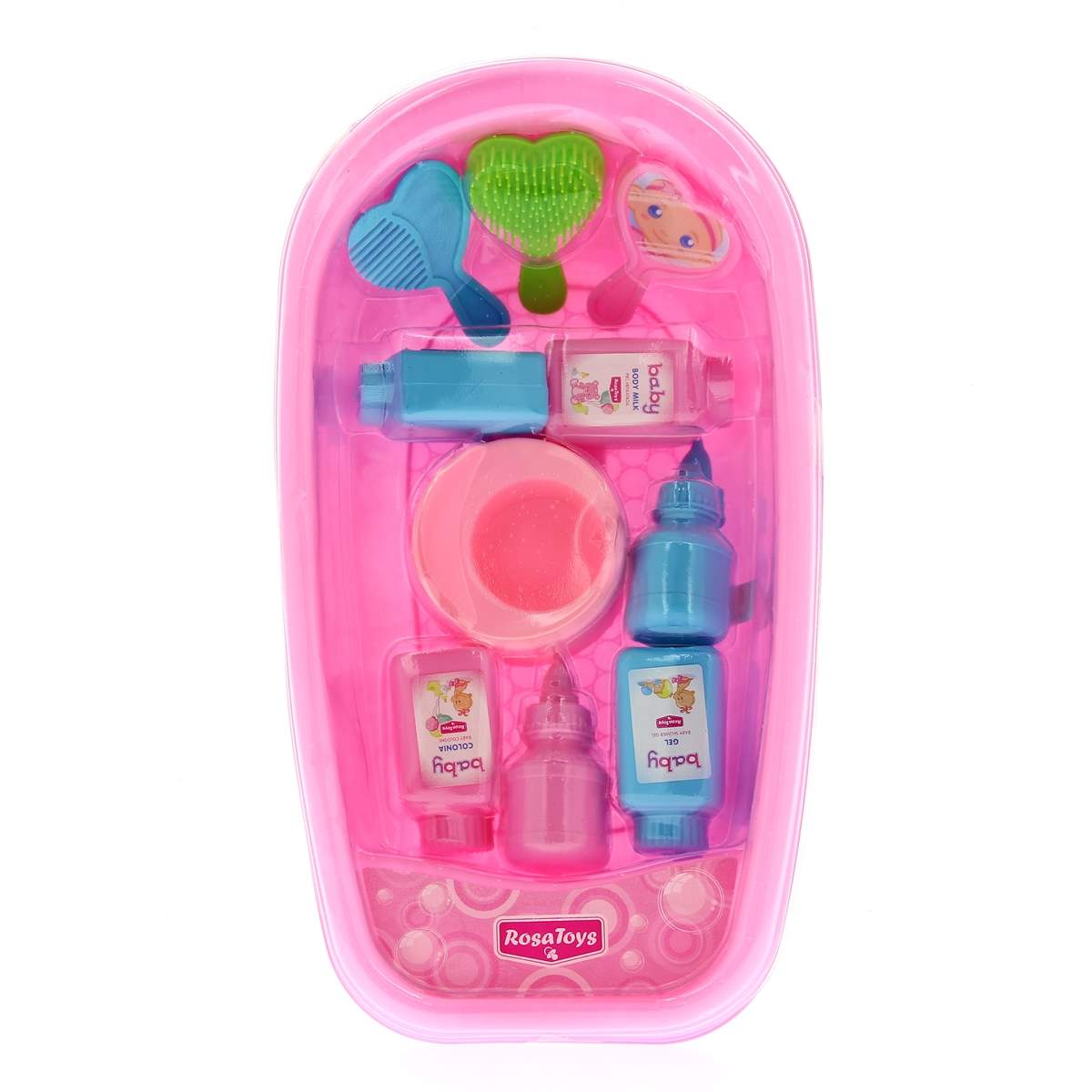 Una bañera de juguete rosa con accesorios de baño para bebés: cepillo, peine, biberones, jabón y esponja.