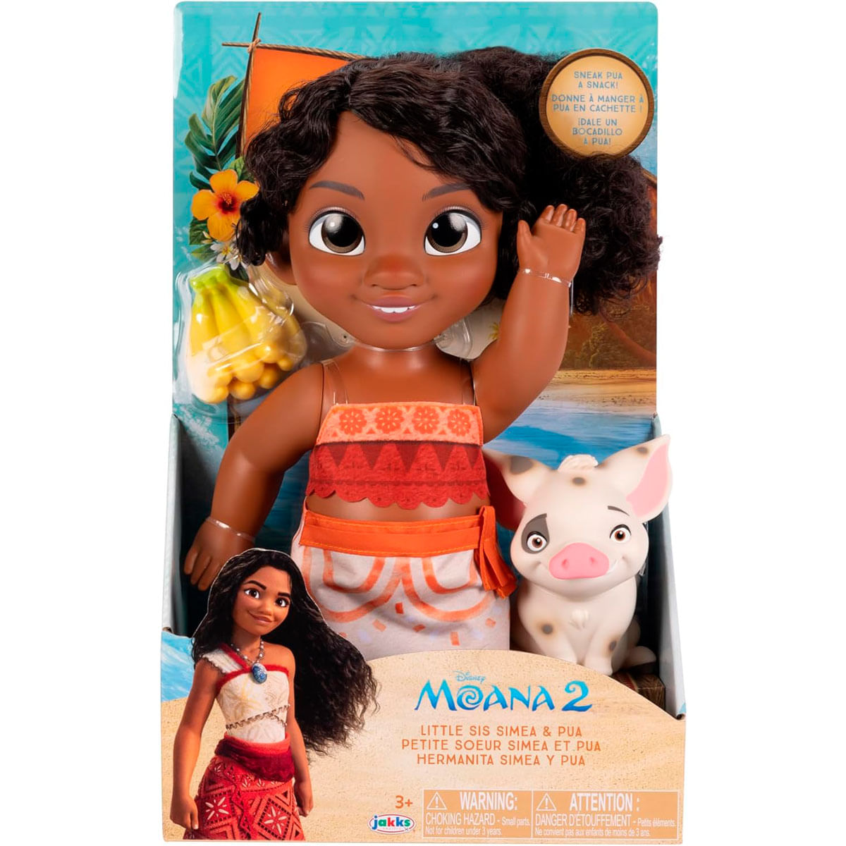 Muñeca de Moana con cerdo y embalaje. La muñeca tiene piel oscura, pelo rizado y lleva un traje rojo y naranja. El cerdo es blanco y gris.