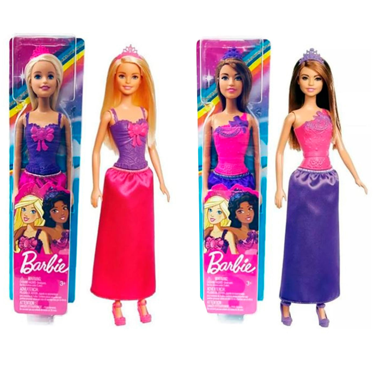 Cuatro muñecas Barbie con vestidos de princesa. Cada muñeca tiene diferente color de pelo y vestido. Están en embalaje.