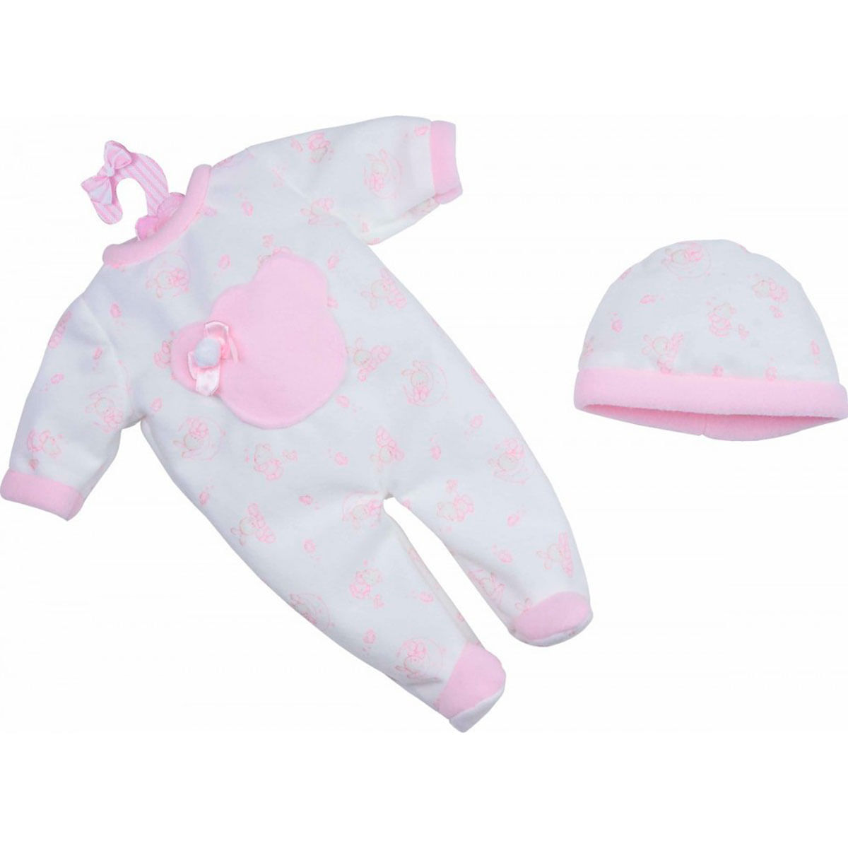 Conjunto de bebé blanco con ribete rosa, un parche en forma de oso y gorro a juego. El conjunto tiene estampado de osos.