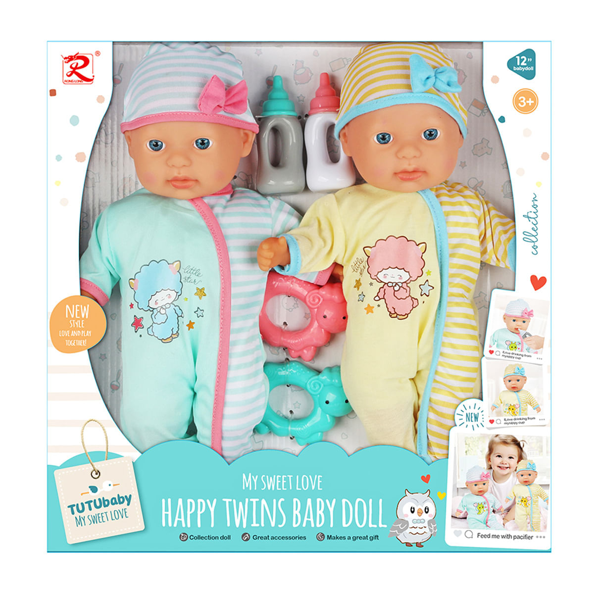 Muñecas gemelas en caja. Una azul, otra amarilla. Accesorios: biberones y juguetes. Texto: 'Happy Twins Baby Doll'.