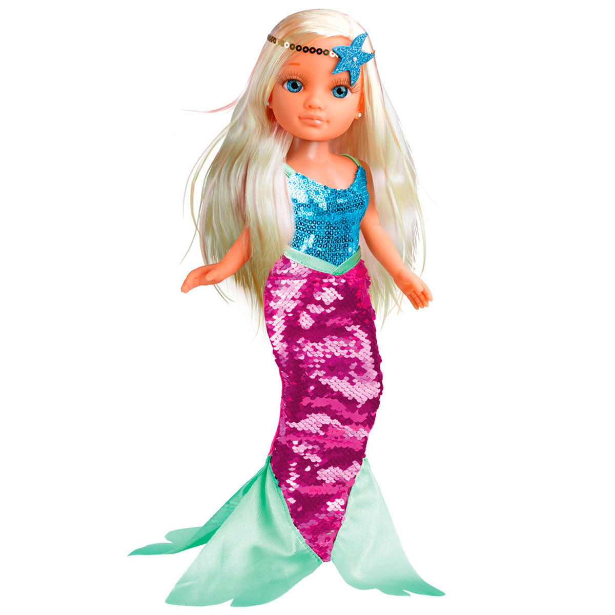 Una muñeca sirena con largo cabello rubio, ojos azules y un atuendo de lentejuelas azul y rosa, con una diadema de estrella de mar, sobre fondo blanco.