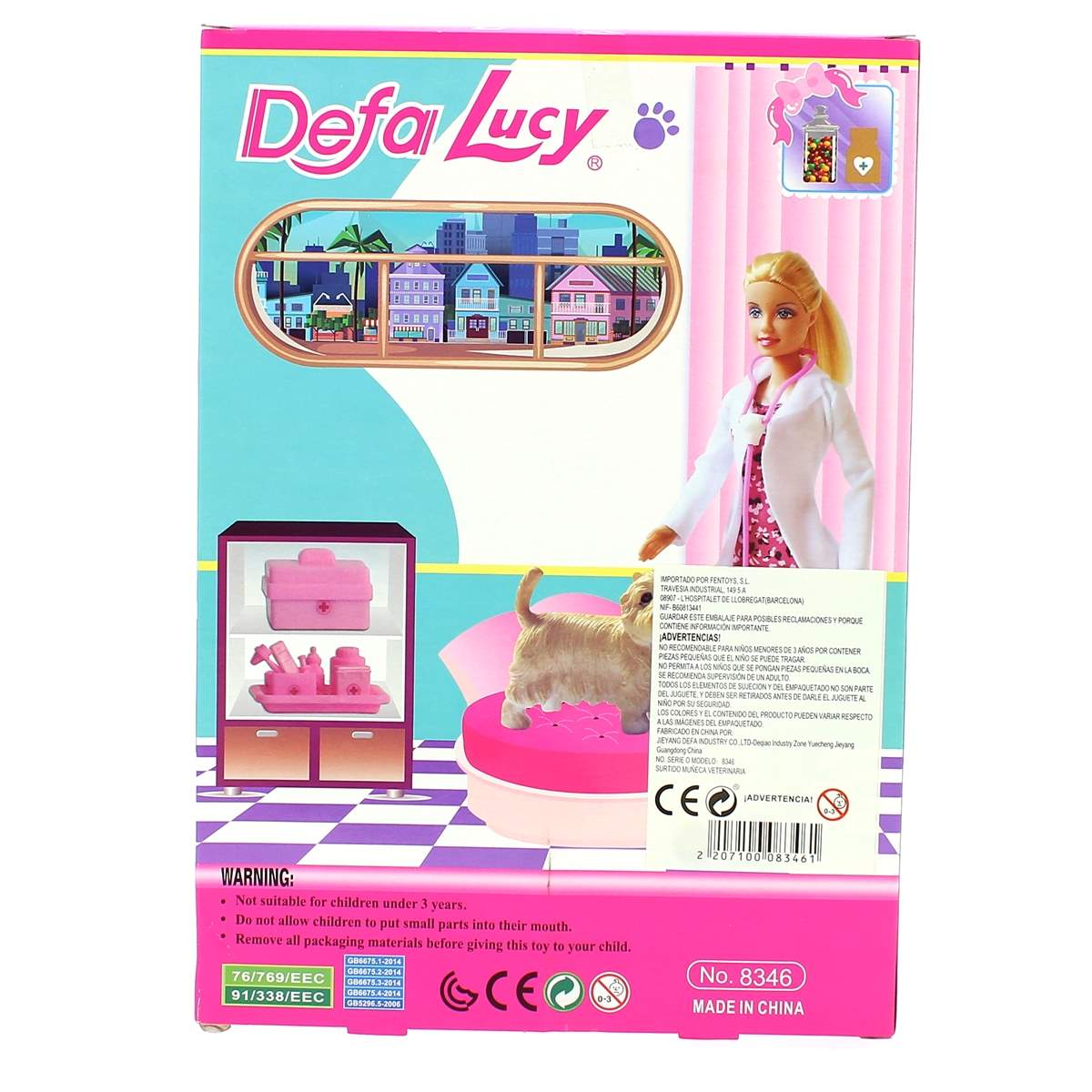 Arte de caja para la muñeca Defa Lucy. Muñeca tipo Barbie, gato de juguete y equipo veterinario. Colores rosa y azul.