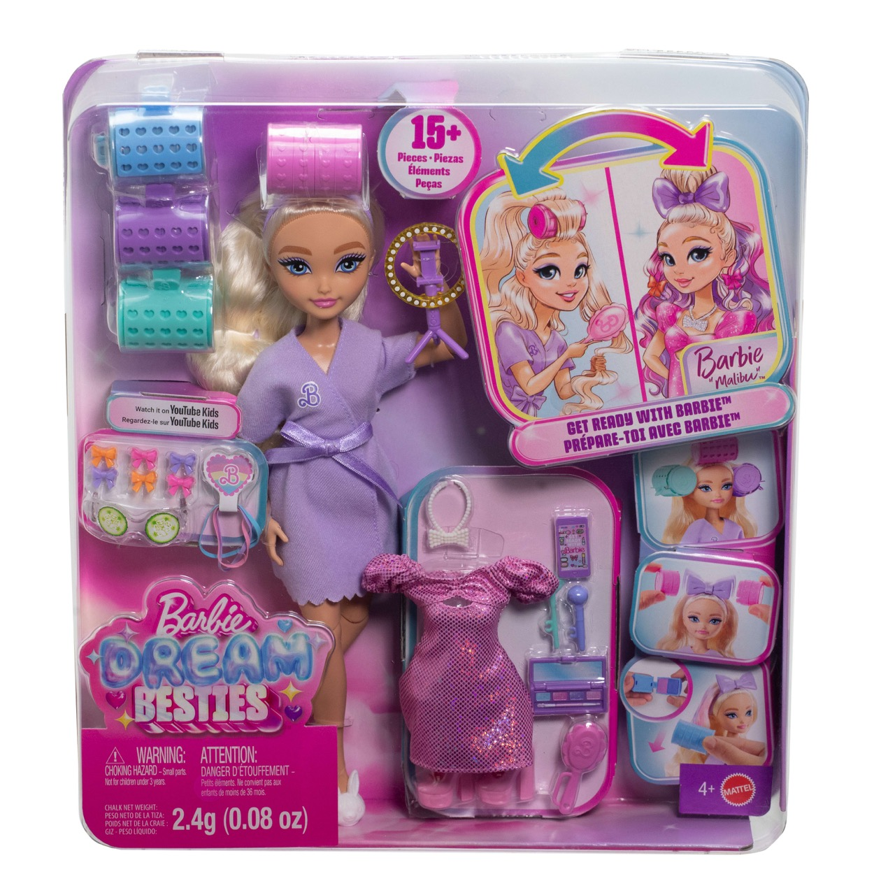 Set de juego Barbie Dream Besties. Muñeca con bata morada, incluye accesorios como rulos, vestido y maquillaje, en caja plástica.