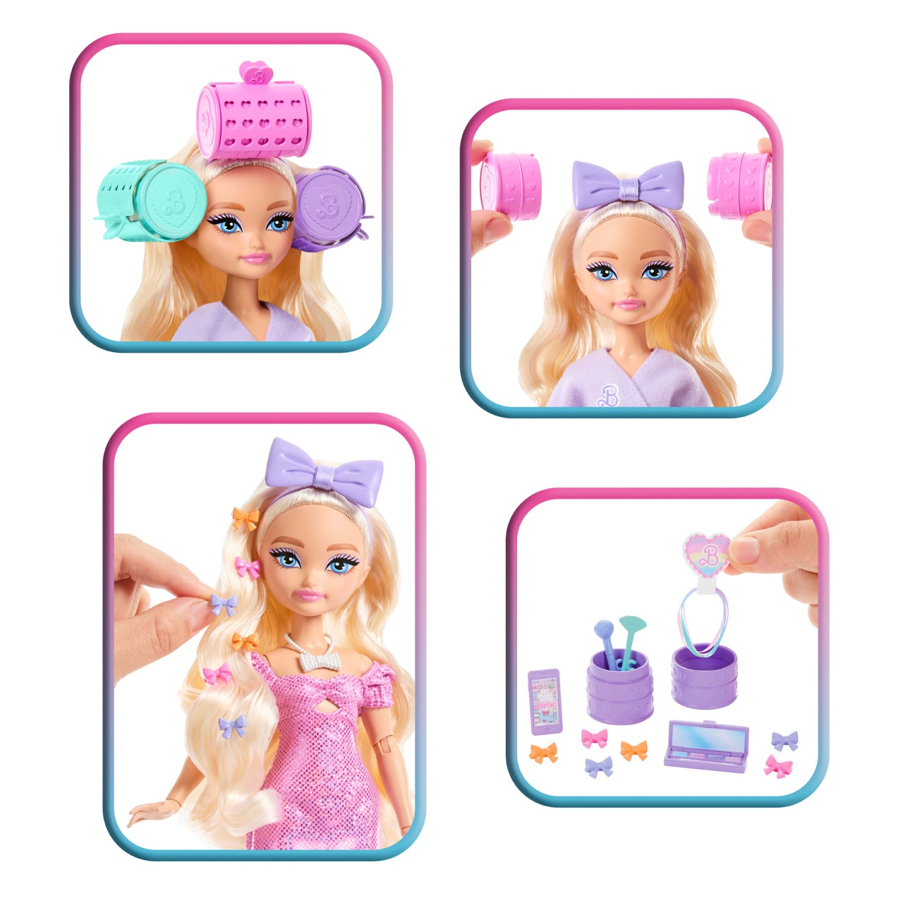 Se muestra una muñeca con rulos, una diadema, accesorios para el cabello y artículos de maquillaje. La muñeca lleva un vestido rosa.