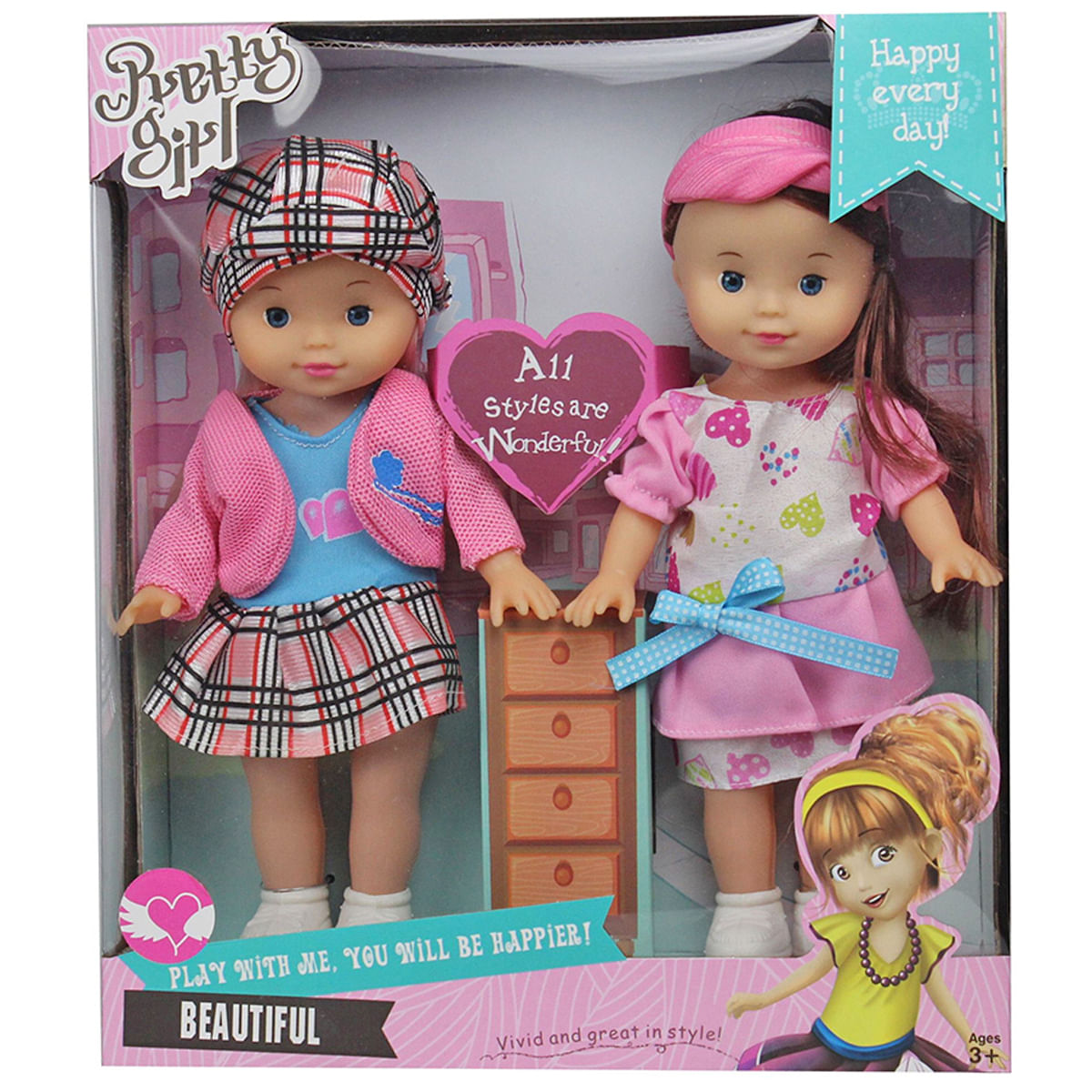 Dos muñecas en una caja. Una lleva una chaqueta rosa y una falda a cuadros. La otra tiene un vestido rosa con un lazo.