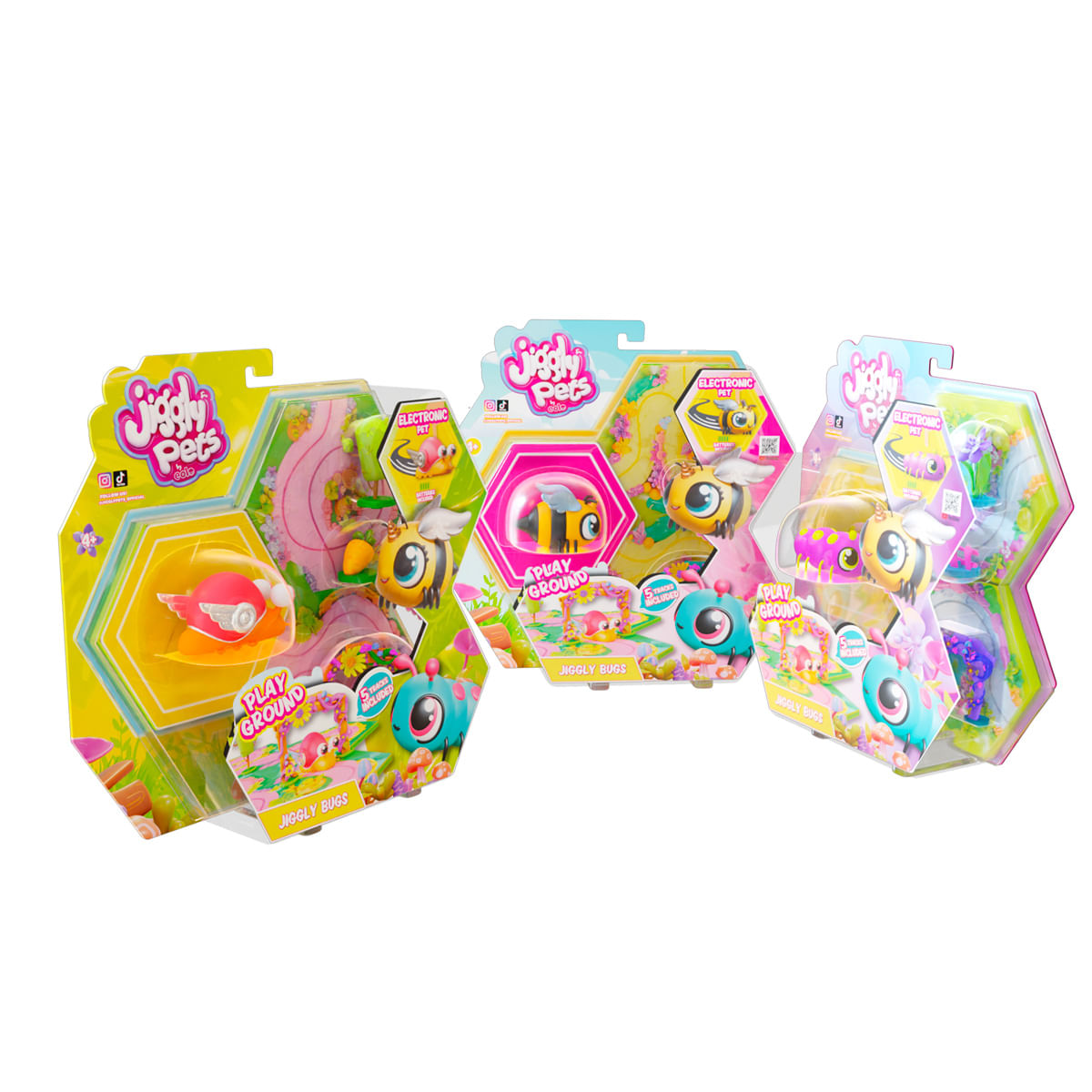 Tres paquetes de juguetes 'Jiggly Pets'. Cada uno presenta un juguete de abeja con un juego de parque. El embalaje es colorido.