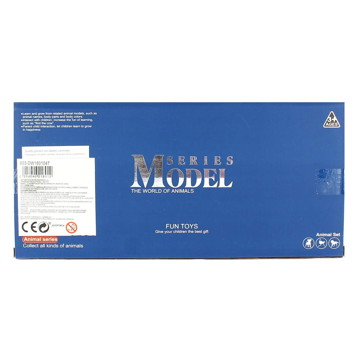 Una caja azul con las palabras 'MODEL SERIES' y 'THE WORLD OF ANIMALS'. Tiene las etiquetas 'FUN TOYS' y 'Animal Set'.