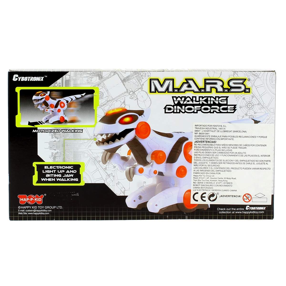 Caja de un dinosaurio de juguete. Es blanco y marrón. Dice 'M.A.R.S. Walking DinoForce'. El dinosaurio camina y muerde.