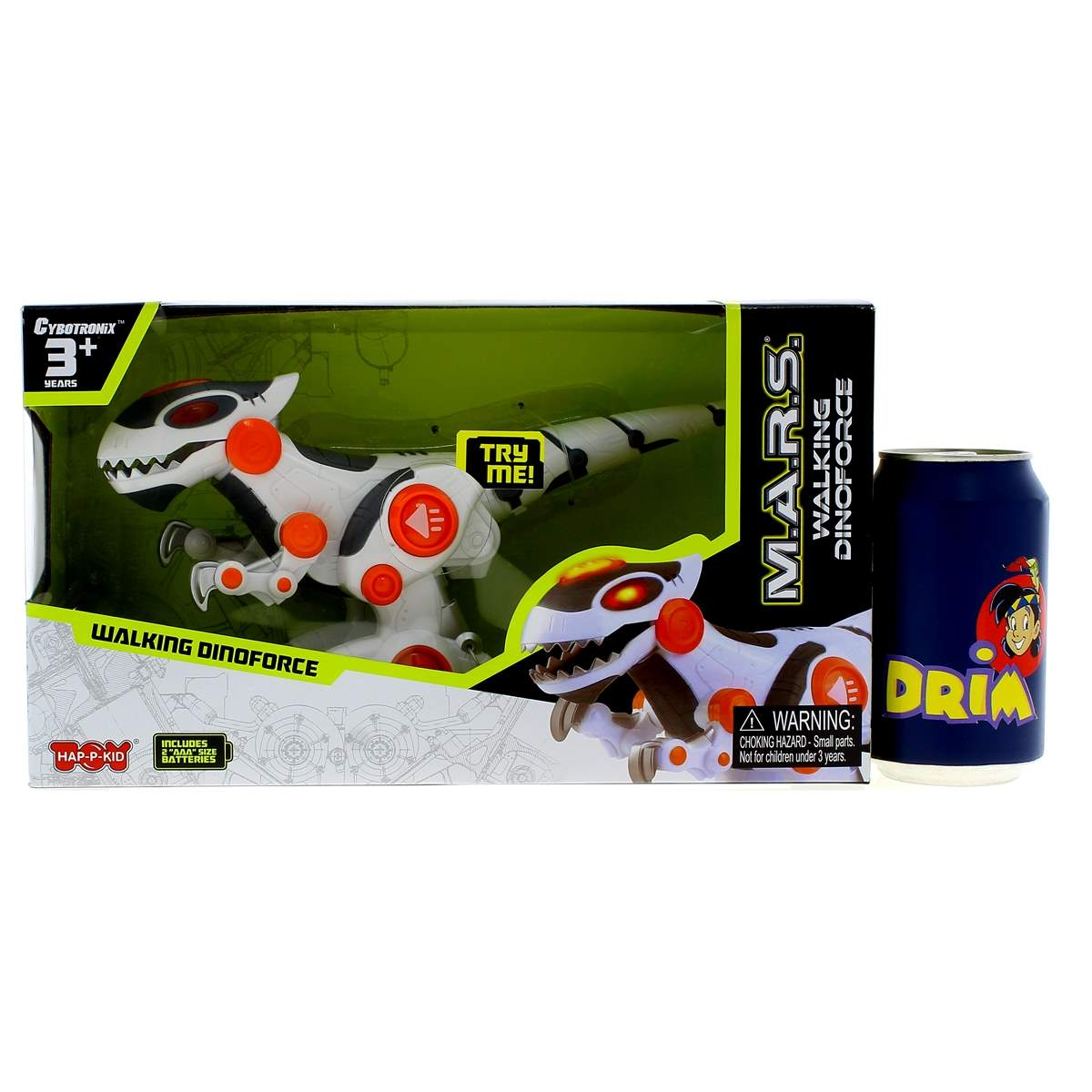 Un dinosaurio de juguete en una caja, una lata de DRI y un dinosaurio de juguete. El dinosaurio es blanco con detalles negros y naranjas.