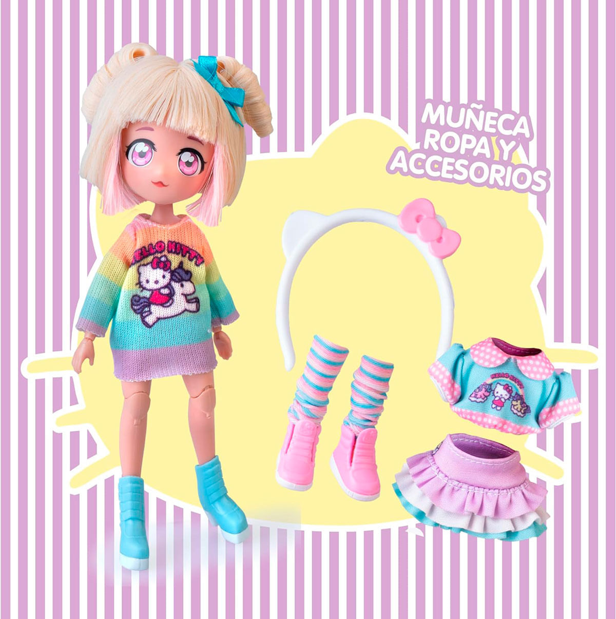 Una muñeca Hello Kitty con accesorios, incluida ropa y una diadema, sobre un fondo a rayas.