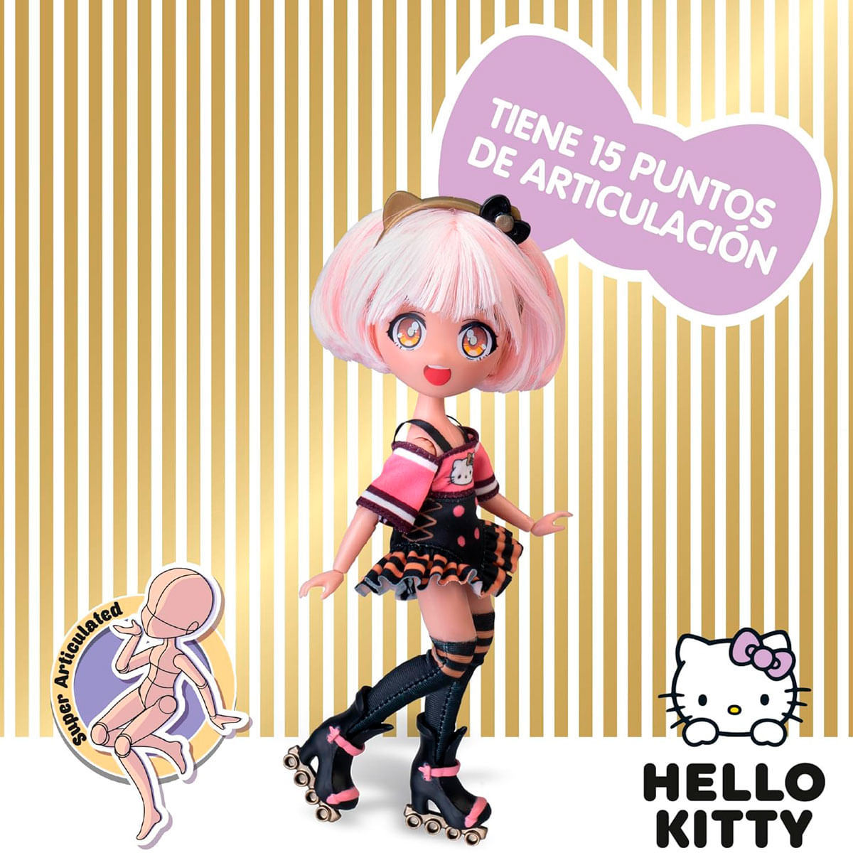 Una muñeca de Hello Kitty con pelo rosa, vestida con un atuendo de patinadora y patines, sobre un fondo dorado a rayas.