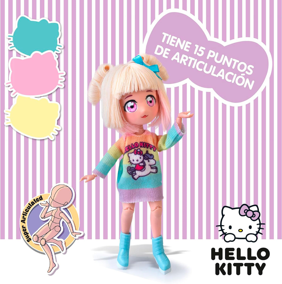 Una muñeca de Hello Kitty con cabello rubio, un suéter colorido y botas azules se encuentra sobre un fondo a rayas con logotipos de Hello Kitty.
