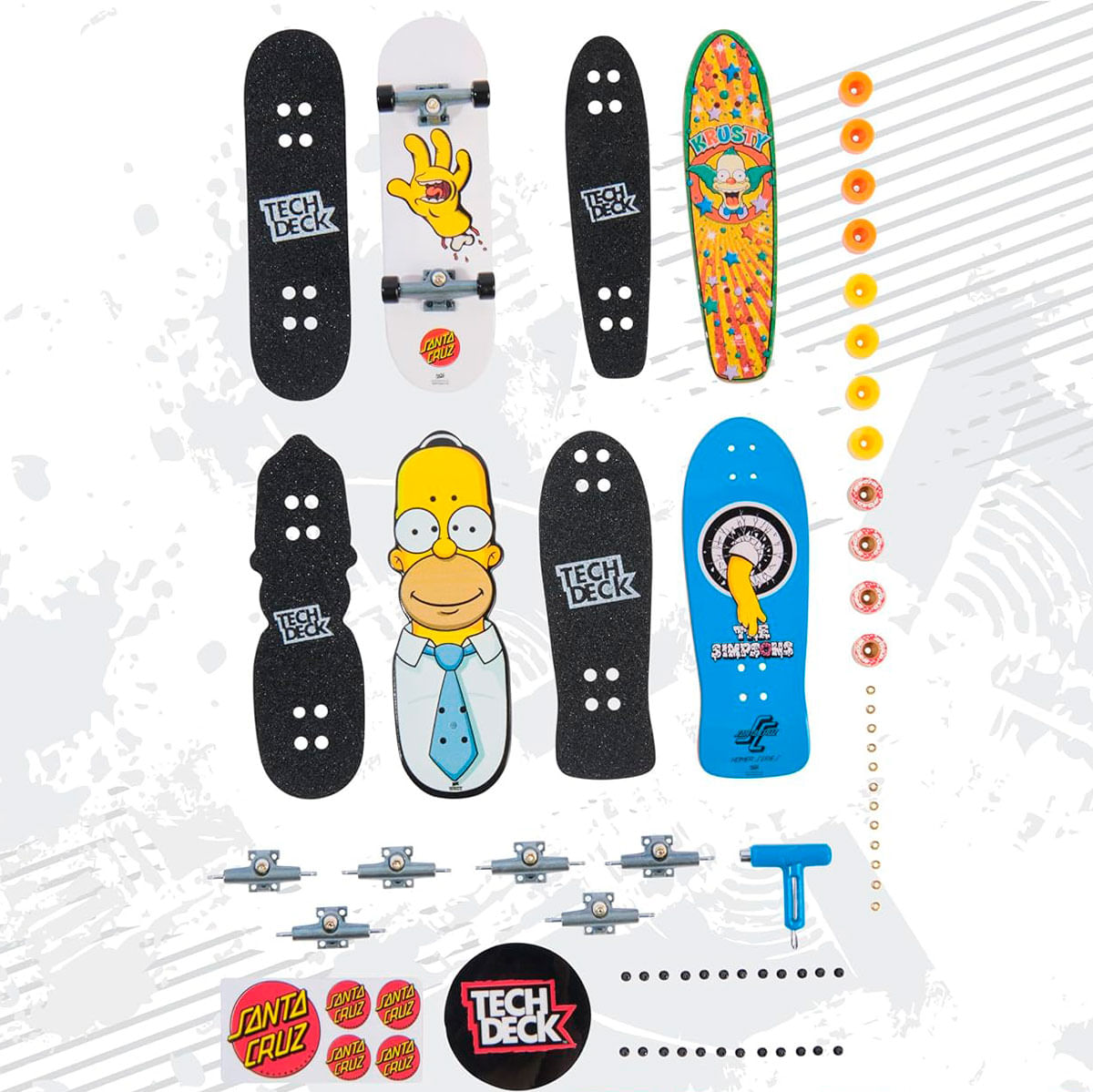 Colección de monopatines Tech Deck, con personajes de Los Simpson y logotipos de Santa Cruz, junto con ruedas, ejes y una herramienta.