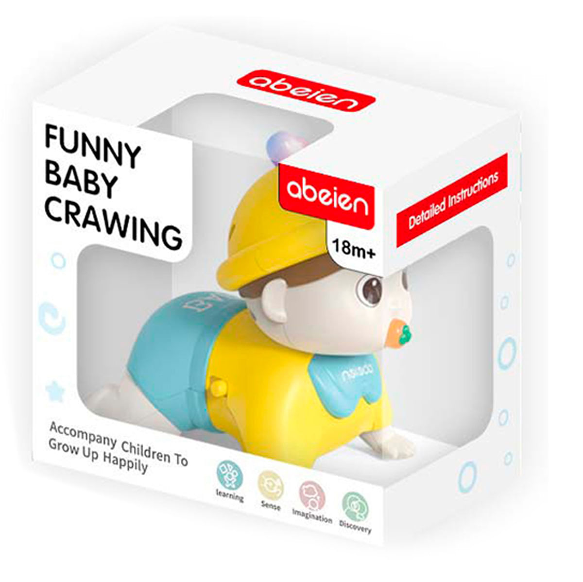 Un juguete de bebé gateando en una caja. Es amarillo y azul. La caja tiene el texto 'Funny Baby Crawling' y '18m+'.