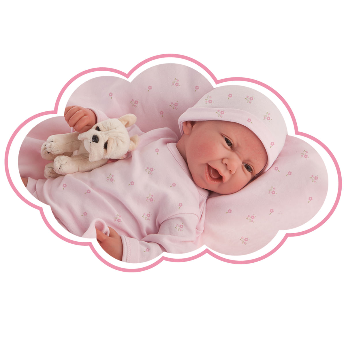 Una muñeca bebé con ropa y gorro rosa yace sobre una almohada rosa en forma de nube, sosteniendo un perro de peluche. La muñeca sonríe.