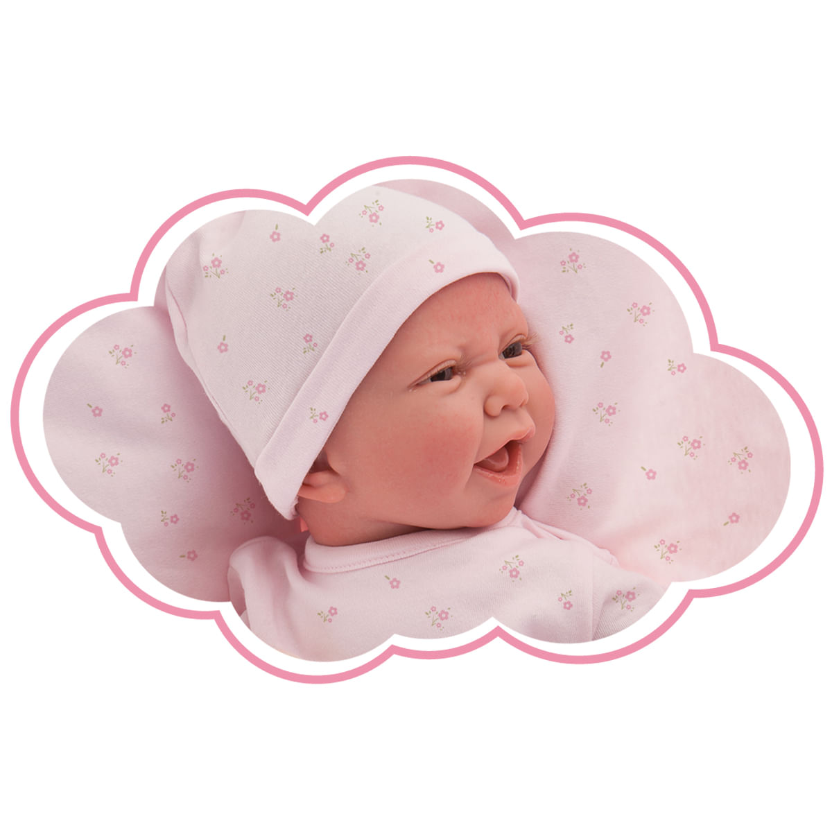 Una muñeca bebé con gorro y atuendo rosa con estampados florales. La muñeca está dentro de un marco rosa en forma de nube.