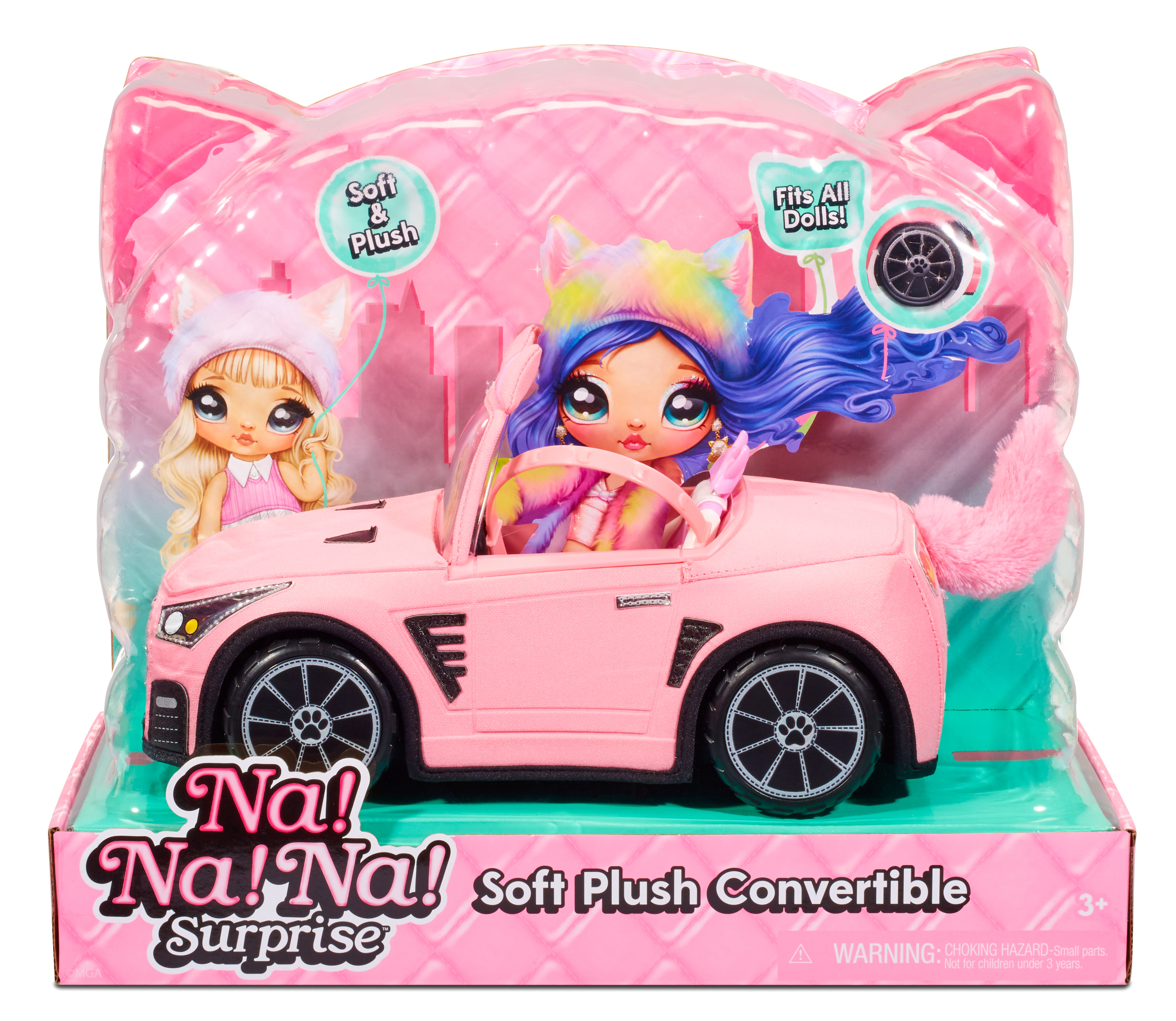 Un coche de juguete rosa con dos muñecas dentro, empaquetado en una caja rosa. La caja tiene el texto 'Na! Na! Na! Surprise'.