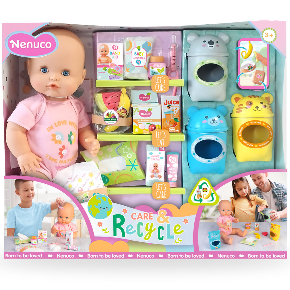 Una muñeca Nenuco con accesorios como curitas, jugo y contenedores de reciclaje en una caja de juguetes, con niños jugando.