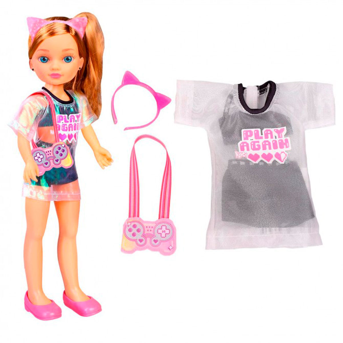 Una muñeca con coleta y accesorios rosas está junto a ropa. El conjunto incluye una camiseta, bolso, zapatos y diadema.