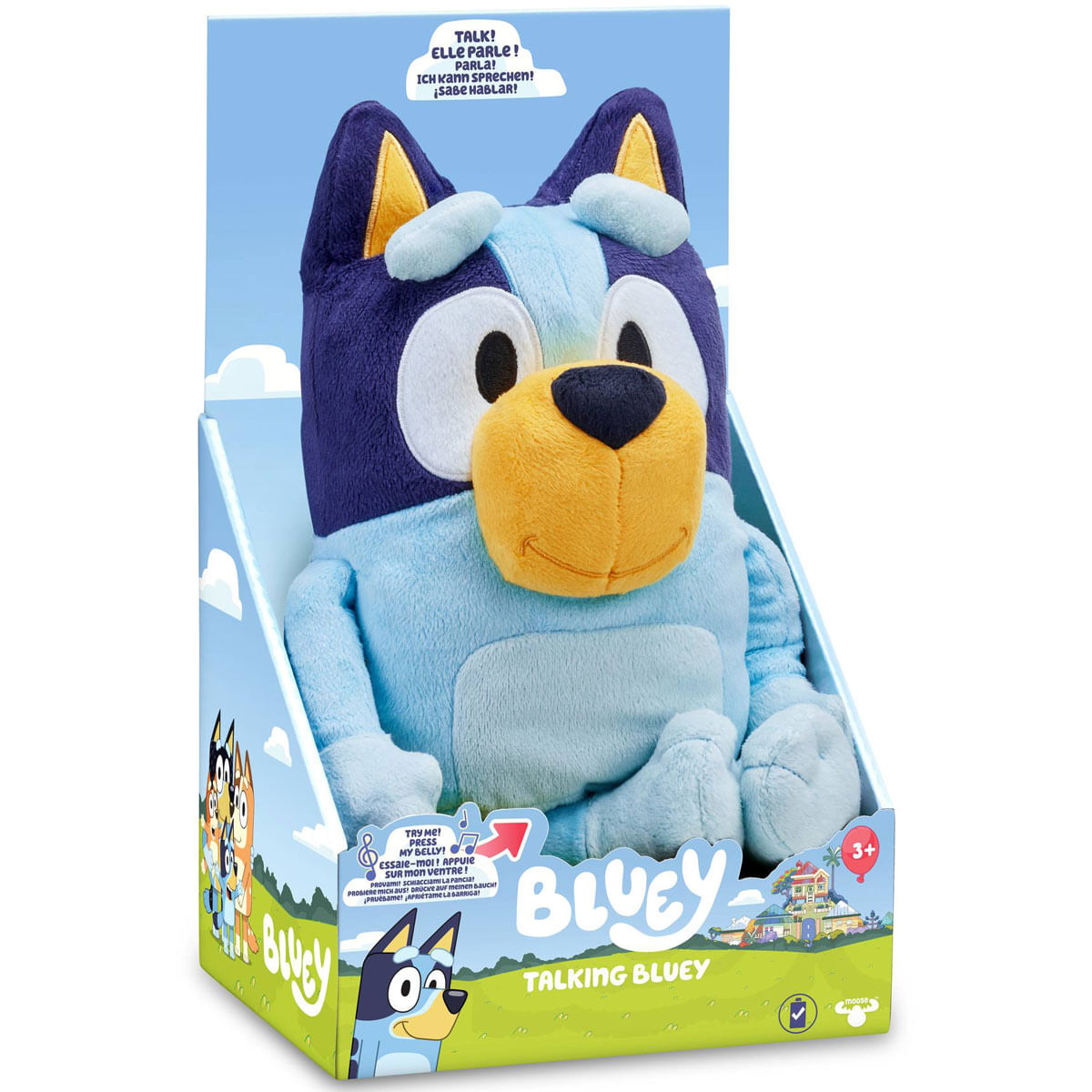 Peluche de Bluey en caja. Perro azul con detalles azules y amarillos. Caja con texto 'Talking Bluey' y 'Press My Belly'.