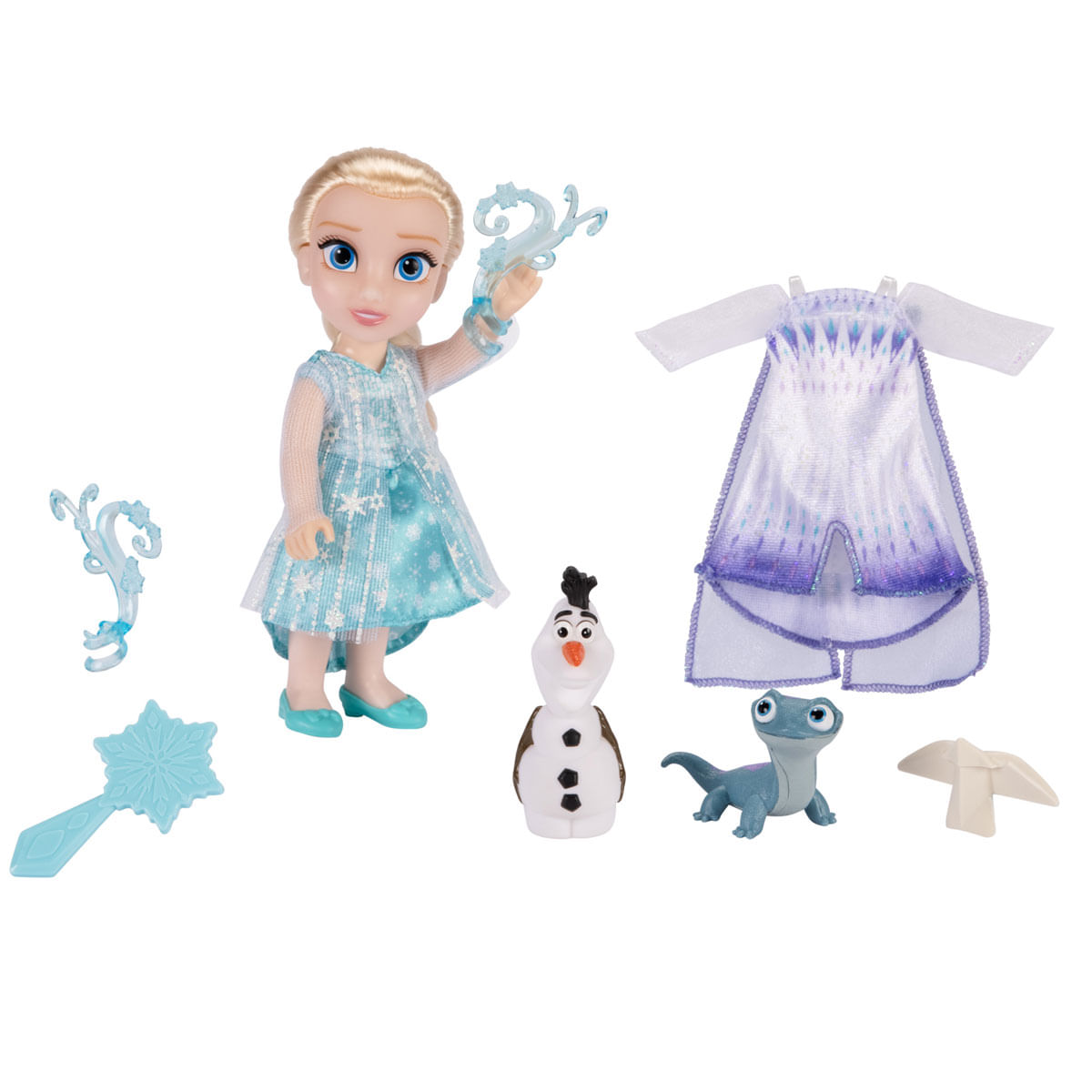 Muñeca Elsa con accesorios: capa, Olaf, Bruni, varitas de hielo. Elsa usa un vestido y zapatos azules.