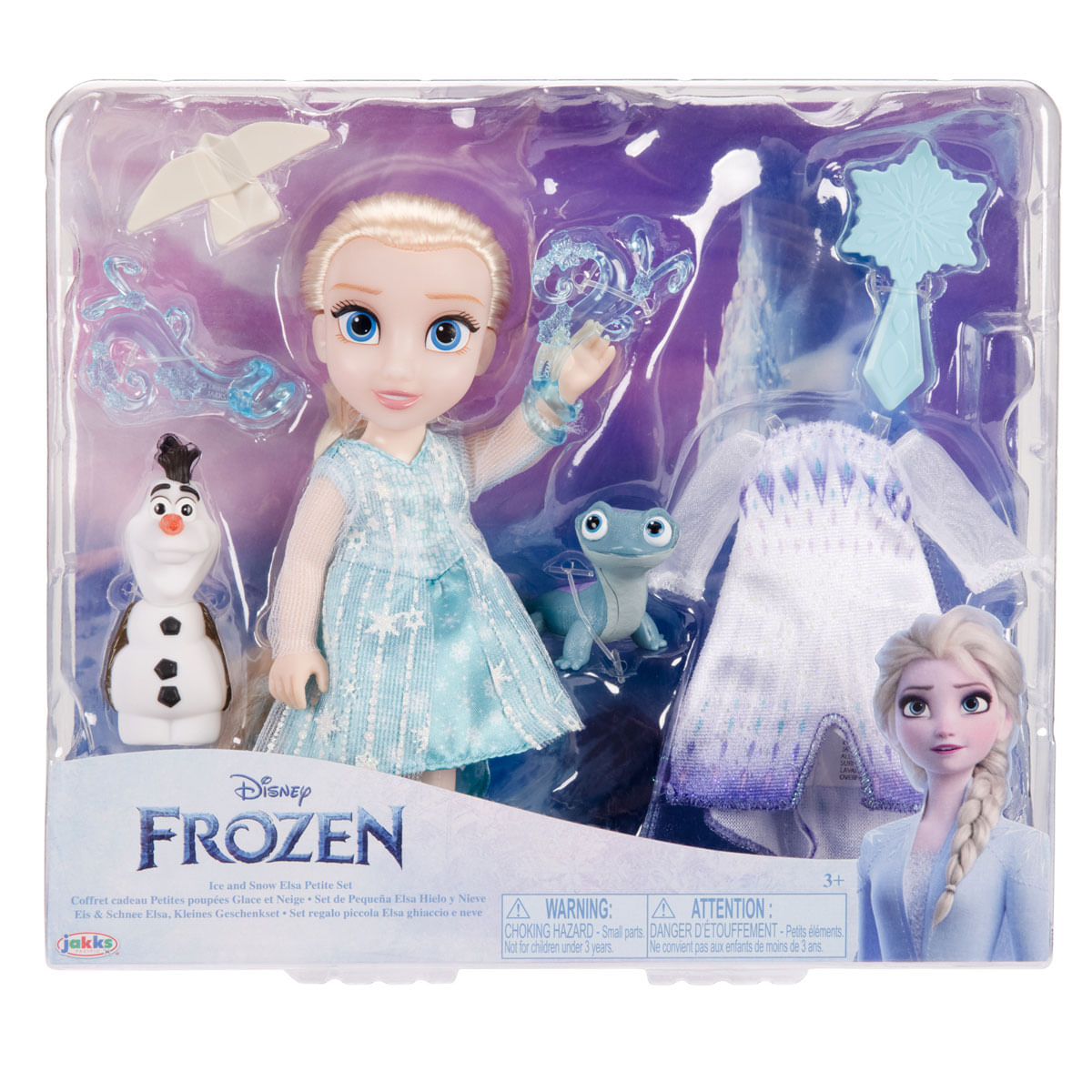 Un set de muñecas Elsa de Frozen en un paquete de plástico. Incluye a Elsa, Olaf, Bruni, un vestido y accesorios. El fondo es morado.
