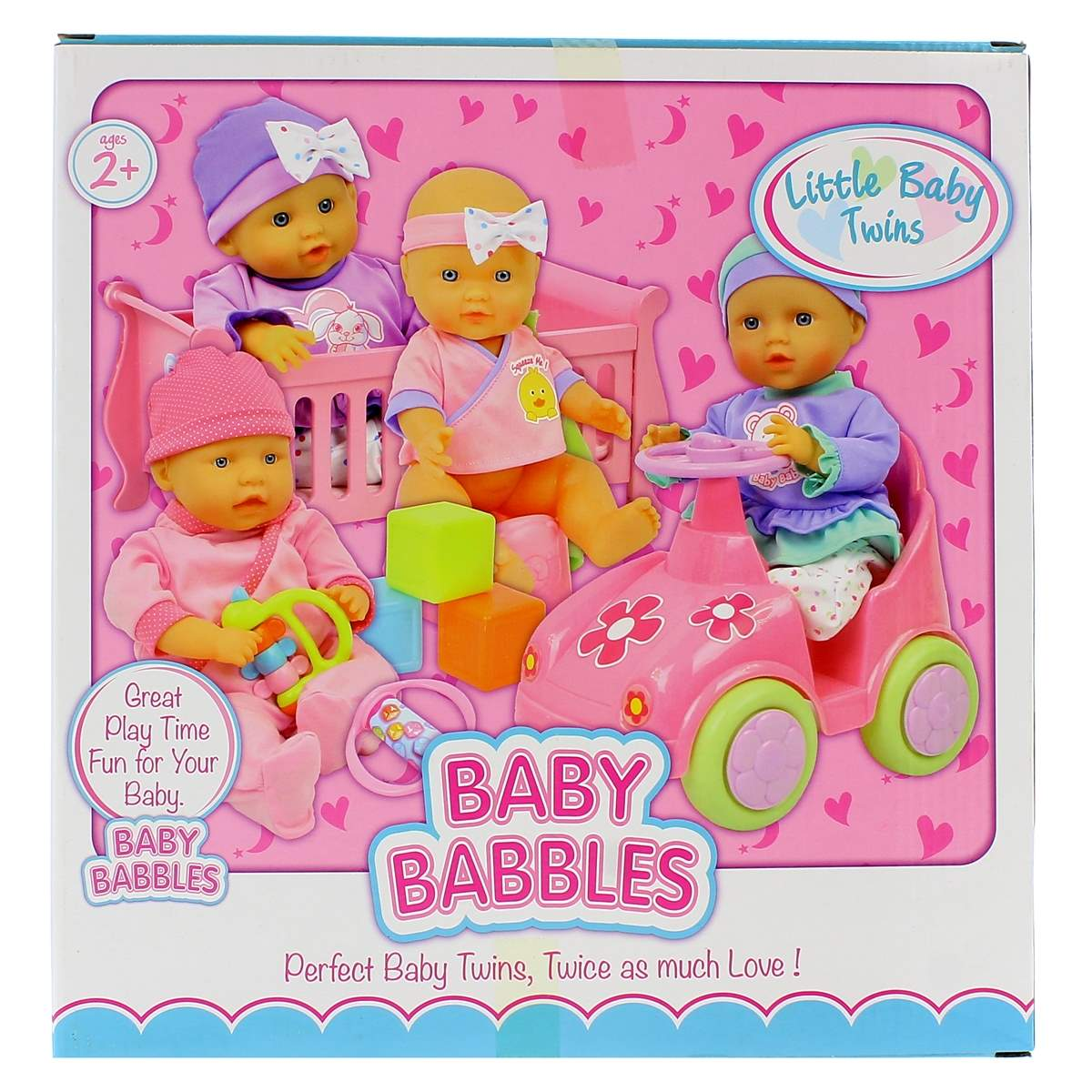 La caja muestra muñecas bebés, una en un coche. La caja tiene texto 'Little Baby Twins' y 'Baby Babbles'. El fondo es rosa con corazones.