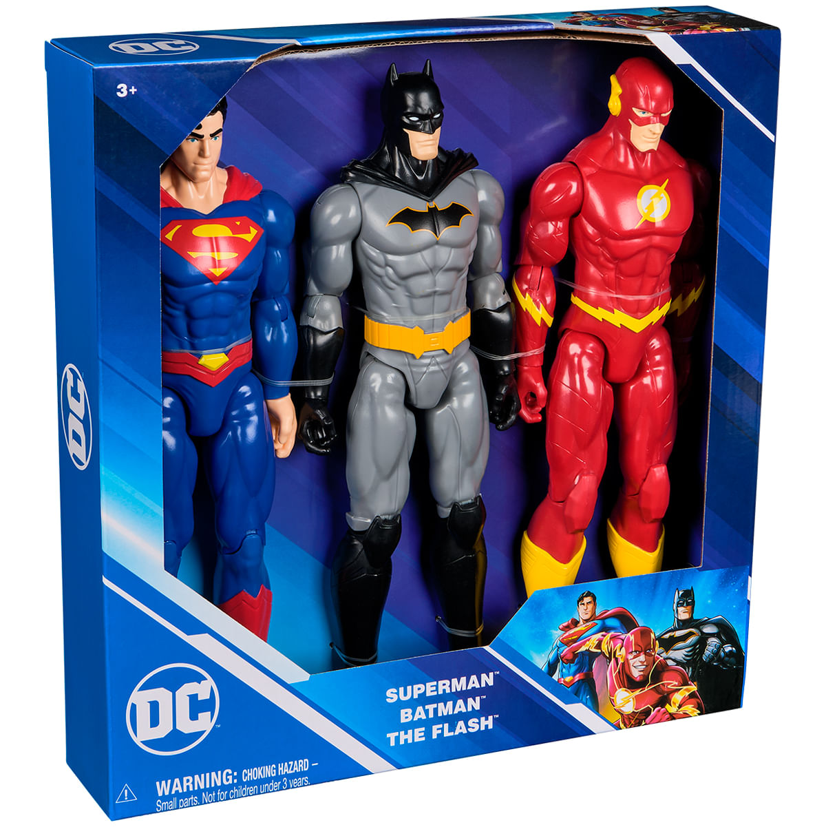 Set de figuras de acción de Superman, Batman y Flash. Superman en azul, Batman en gris y Flash en rojo, todo en una caja azul.