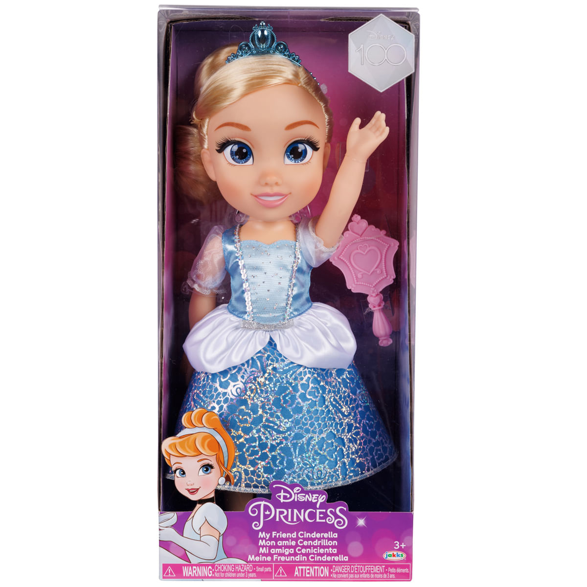 Muñeca de Cenicienta en caja. Lleva un vestido azul y tiara, sosteniendo un espejo rosa. La caja dice 'Disney Princess'.