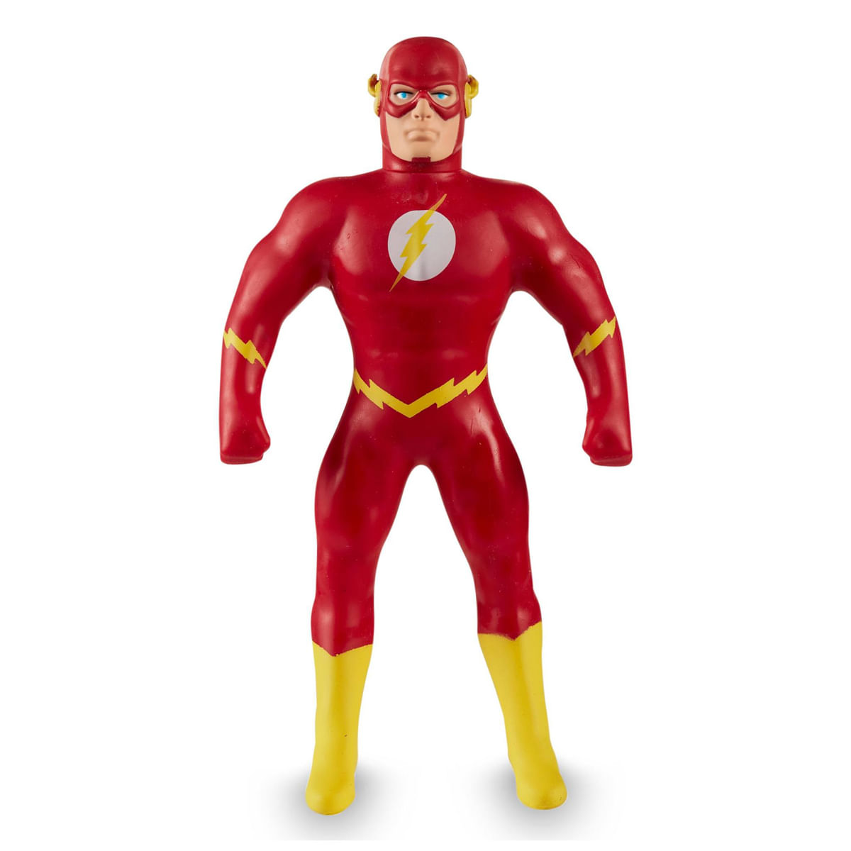 Figura de acción de Flash. Traje rojo con rayos y botas amarillas. Círculo blanco con rayo amarillo en el pecho. Ojos azules.