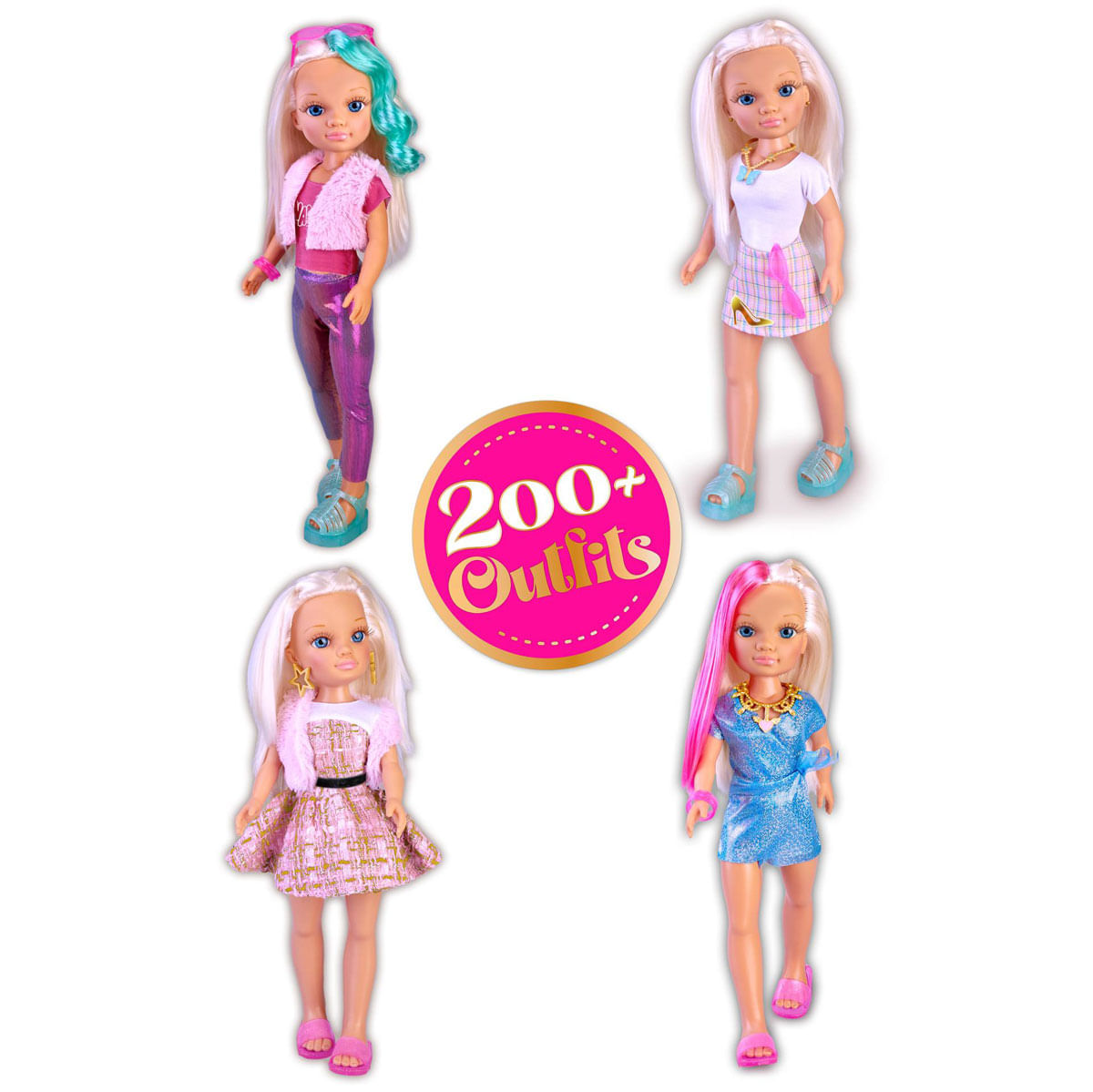 Cuatro muñecas con diferentes atuendos rodean un círculo rosa con '200+ Outfits'. Las muñecas tienen cabello rubio y visten ropa de moda.