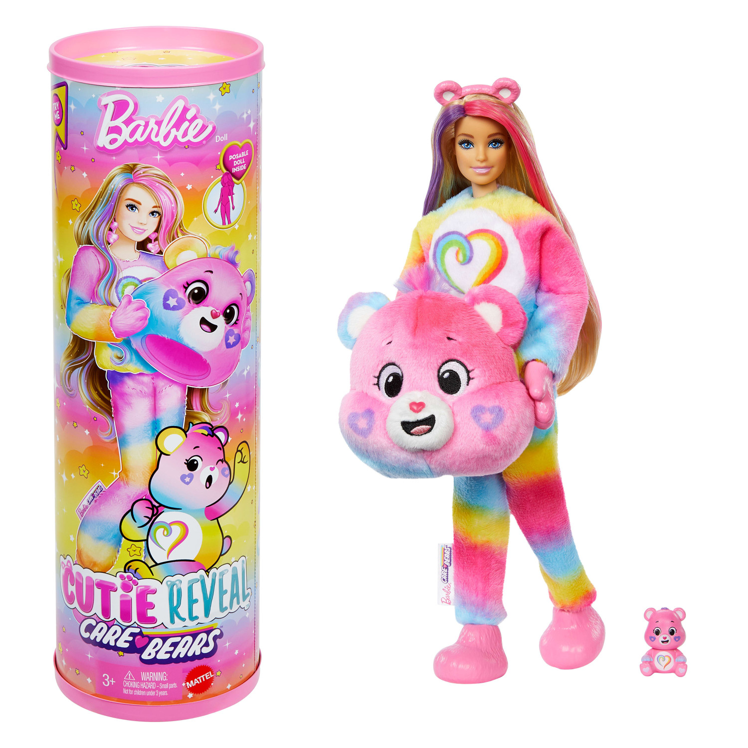 Muñeca Barbie con disfraz de Osito Cariñoso y un contenedor a juego. La muñeca tiene cabello arcoíris y sostiene una cabeza de Osito Cariñoso.