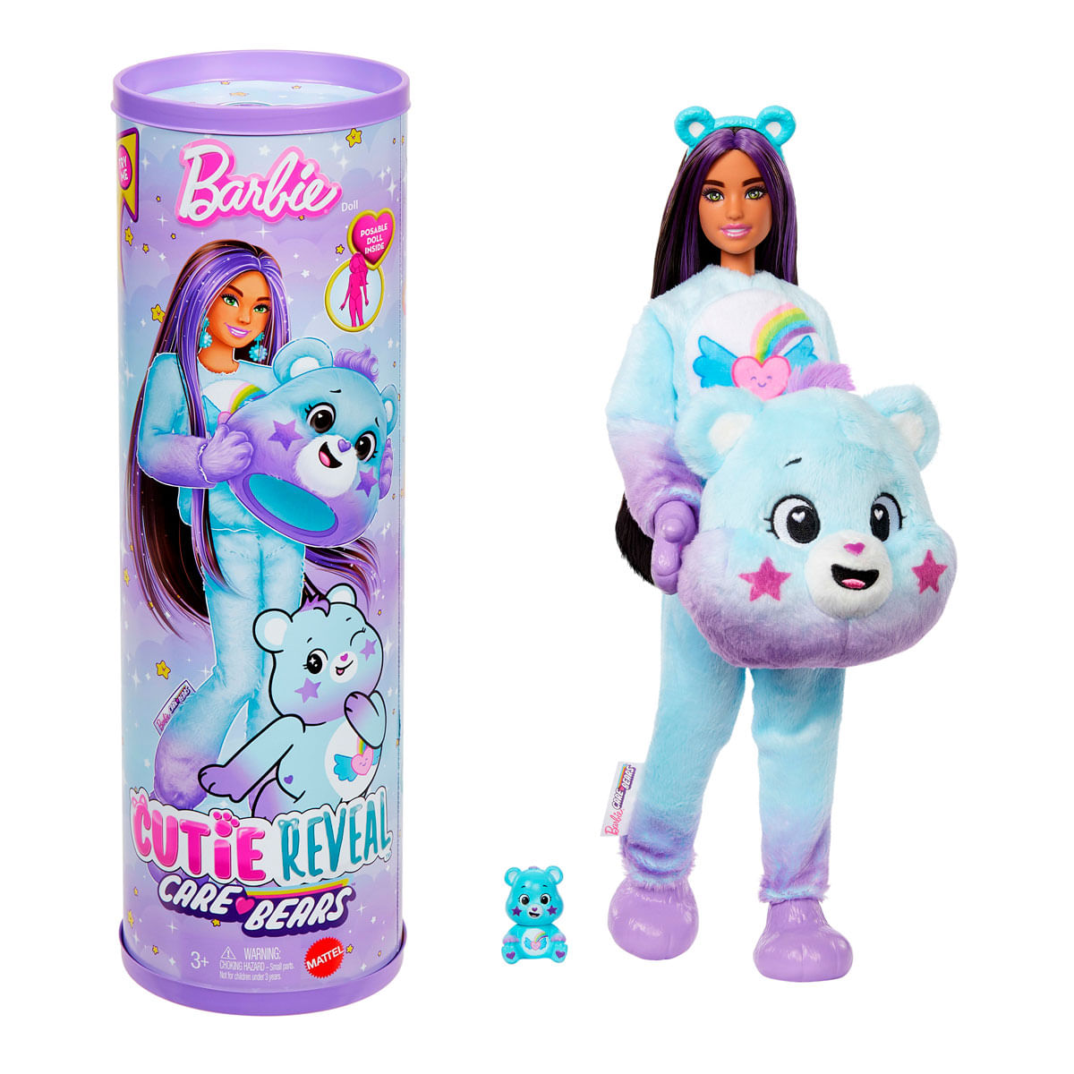 Muñeca Barbie con tema de Ositos Cariñositos. Incluye muñeca, cabeza de oso, mini figura de oso y cilindro de embalaje. Predominan los colores azul y morado.