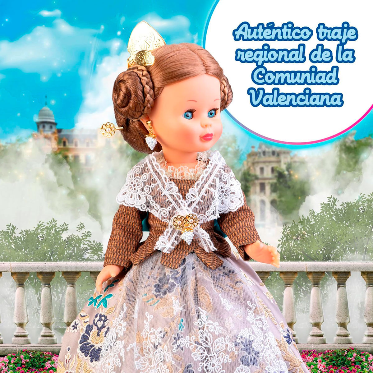Una muñeca con vestimenta tradicional valenciana está en un balcón. El fondo presenta un castillo borroso y un cielo vibrante.