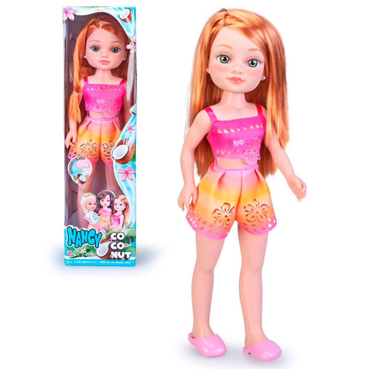 Una muñeca pelirroja, con top rosa y shorts naranjas. Tiene ojos verdes y sandalias rosas. A la izquierda, una caja con la muñeca.