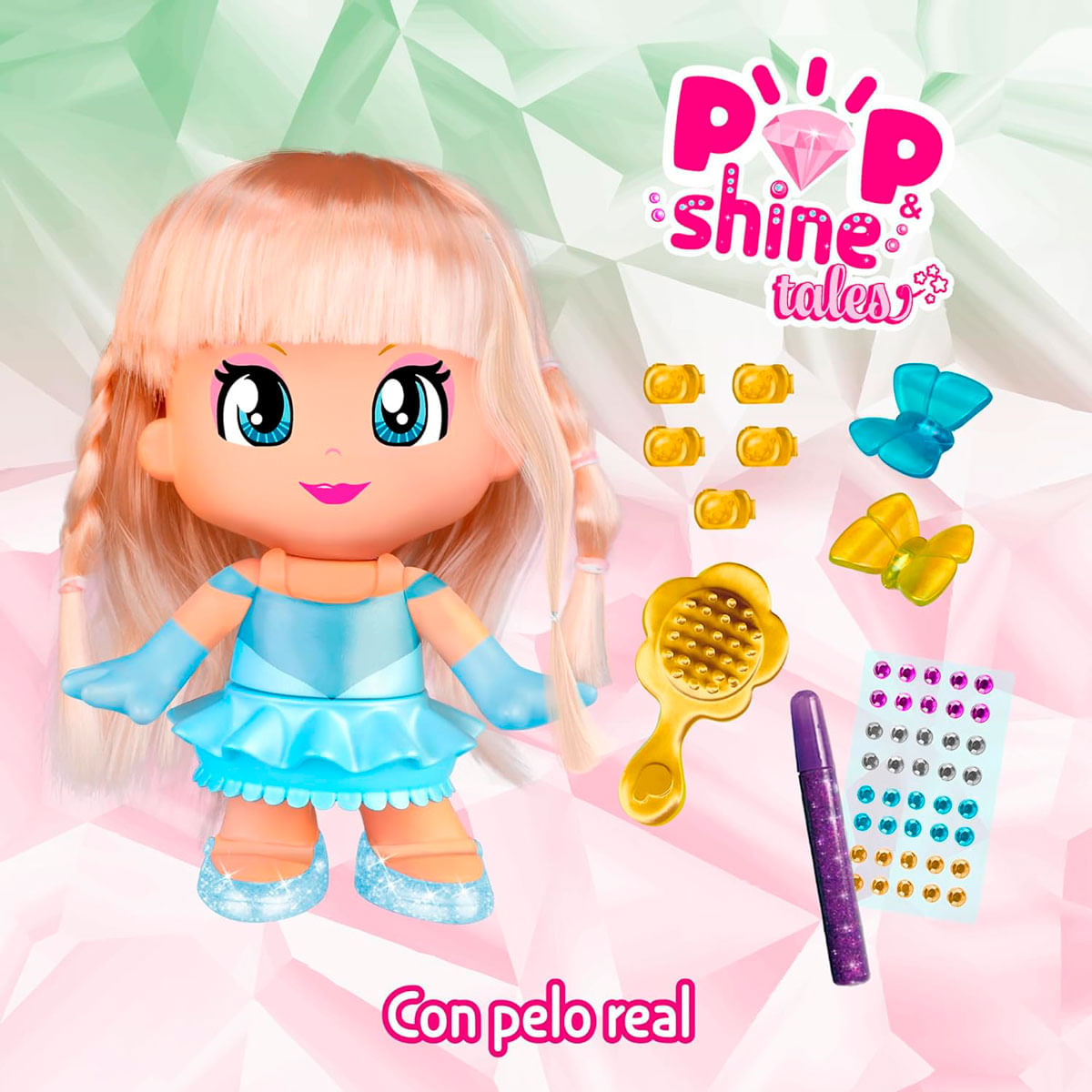 Muñeca con trenzas rubias y vestido azul. Accesorios: clips para el pelo, mariposas, peine, pegatinas y un rotulador.