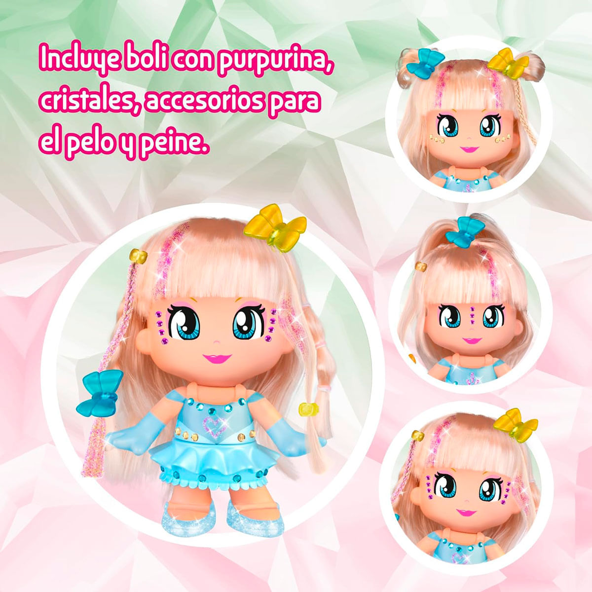Una muñeca rubia, vestido azul, accesorios. Tres cabezas de muñecas más pequeñas también. Texto en español describe las características.