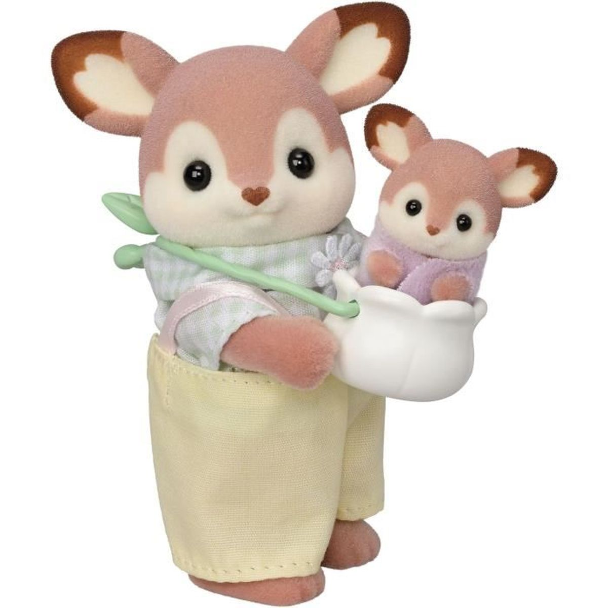 Zwei Spielfiguren: ein hirschähnlicher Elternteil, der ein Baby in einem weißen Beutel hält. Der Elternteil trägt hellgrüne Kleidung, das Baby lila.