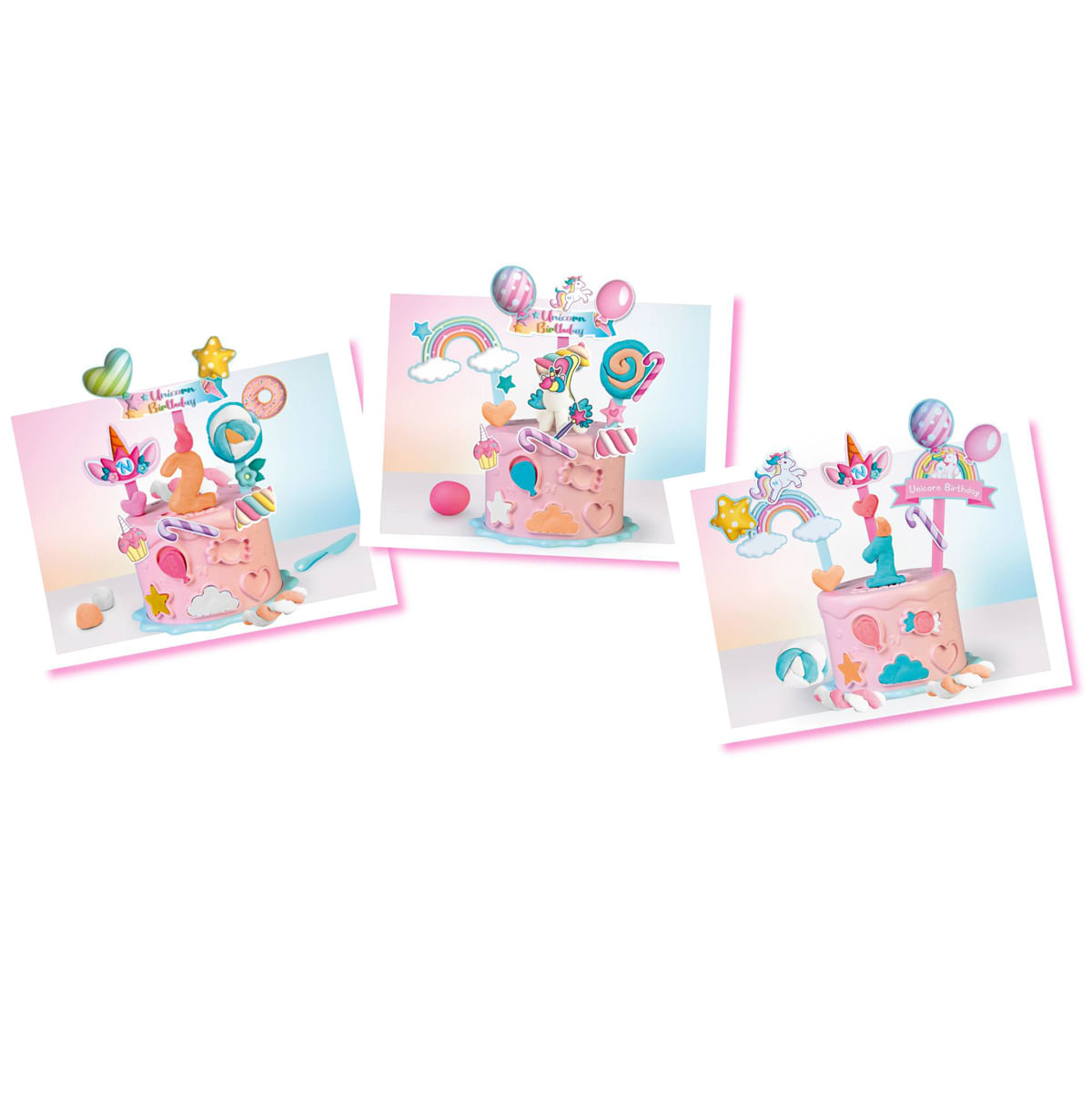 Tres pasteles de cumpleaños con adornos de unicornio, caramelos y velas con el número uno. Sobre un fondo blanco, colores rosa y azul.