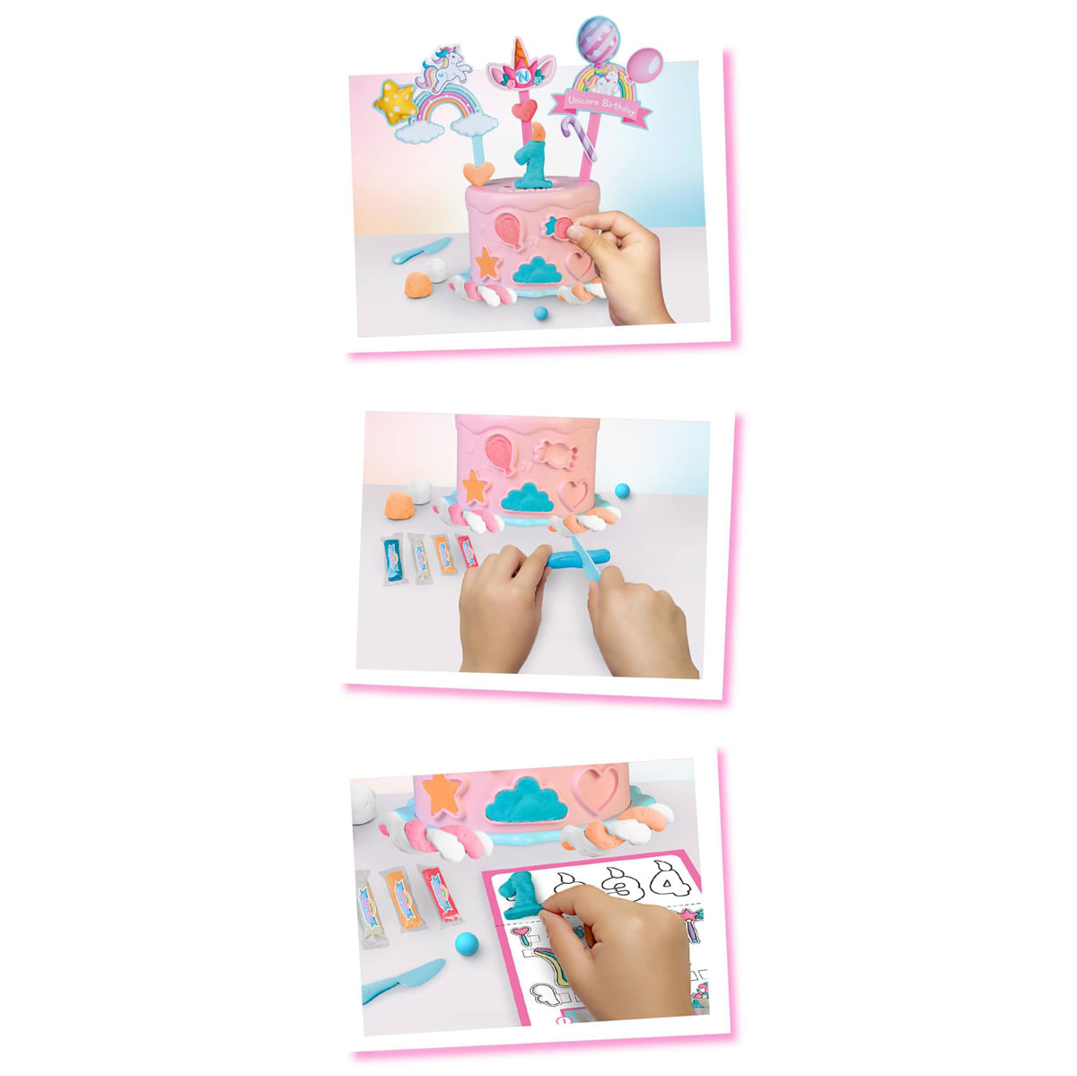 Un niño decora un pastel rosa con elementos decorativos. El pastel tiene un número uno encima y otras decoraciones.