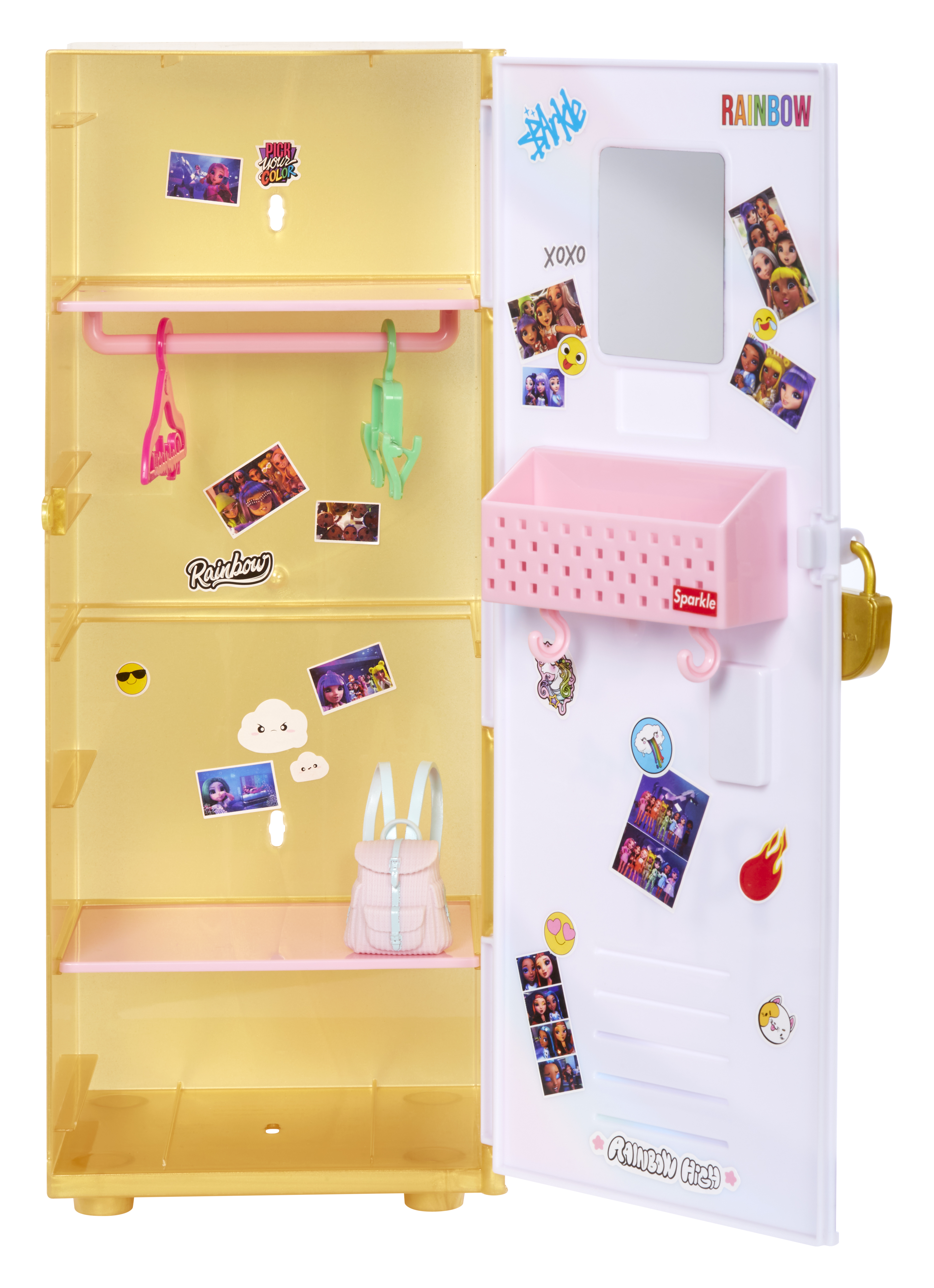 Żółta szafka na zabawki z naklejkami i akcesoriami. Drzwi są otwarte, pokazując półki i różowy pojemnik.