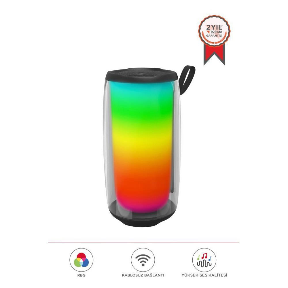 Bir tutamağa sahip renkli bir hoparlör. RGB aydınlatmaya, kablosuz bağlantıya ve yüksek kaliteli sese sahiptir. Bir garanti rozeti görülebilir.