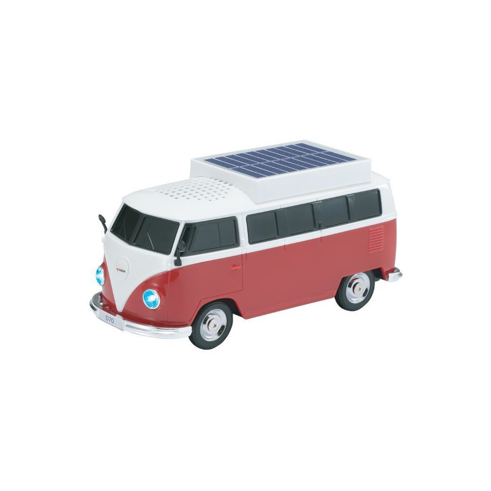 Üstünde güneş paneli olan kırmızı ve beyaz bir VW otobüs modeli. Mavi farlar açık. Beyaz bir arka plan üzerinde.