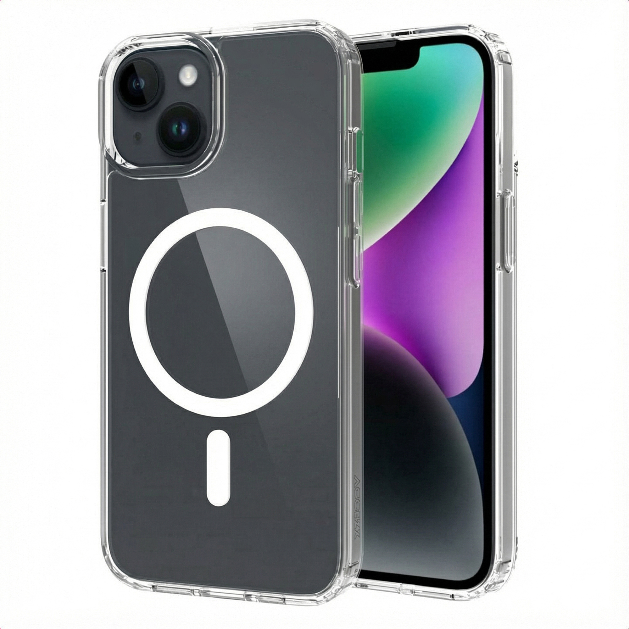 Une coque de téléphone transparente avec un téléphone noir à l'intérieur. La coque a un cercle et une ligne blancs au dos.