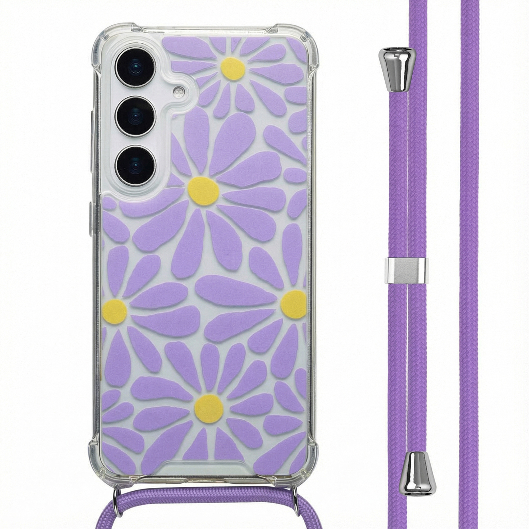 Een telefoonhoesje met madeliefjespatroon en een paars koord. De achtergrond is wit.