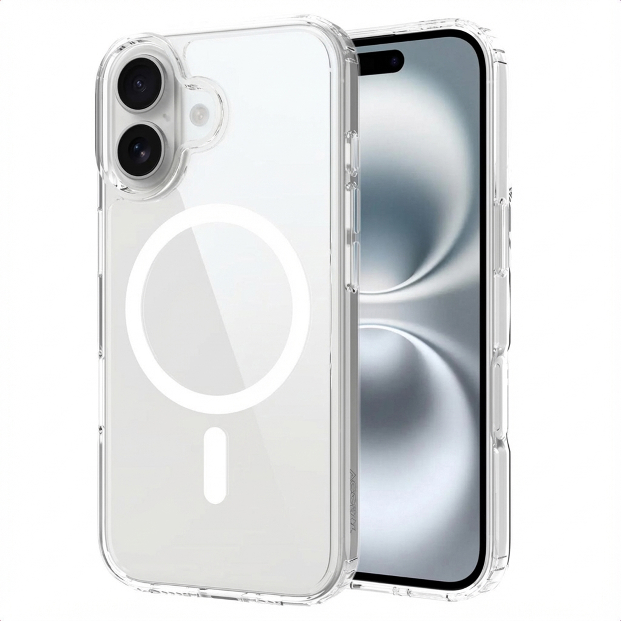 Coque de téléphone transparente avec un téléphone à l'intérieur. Elle a un cercle blanc et une barre verticale. L'écran est visible.