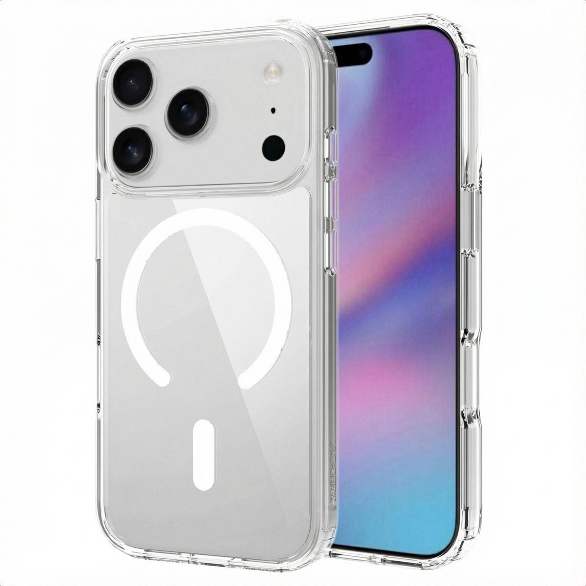 Una custodia trasparente con un telefono all'interno. La custodia ha un anello MagSafe. Lo schermo del telefono è viola e blu.