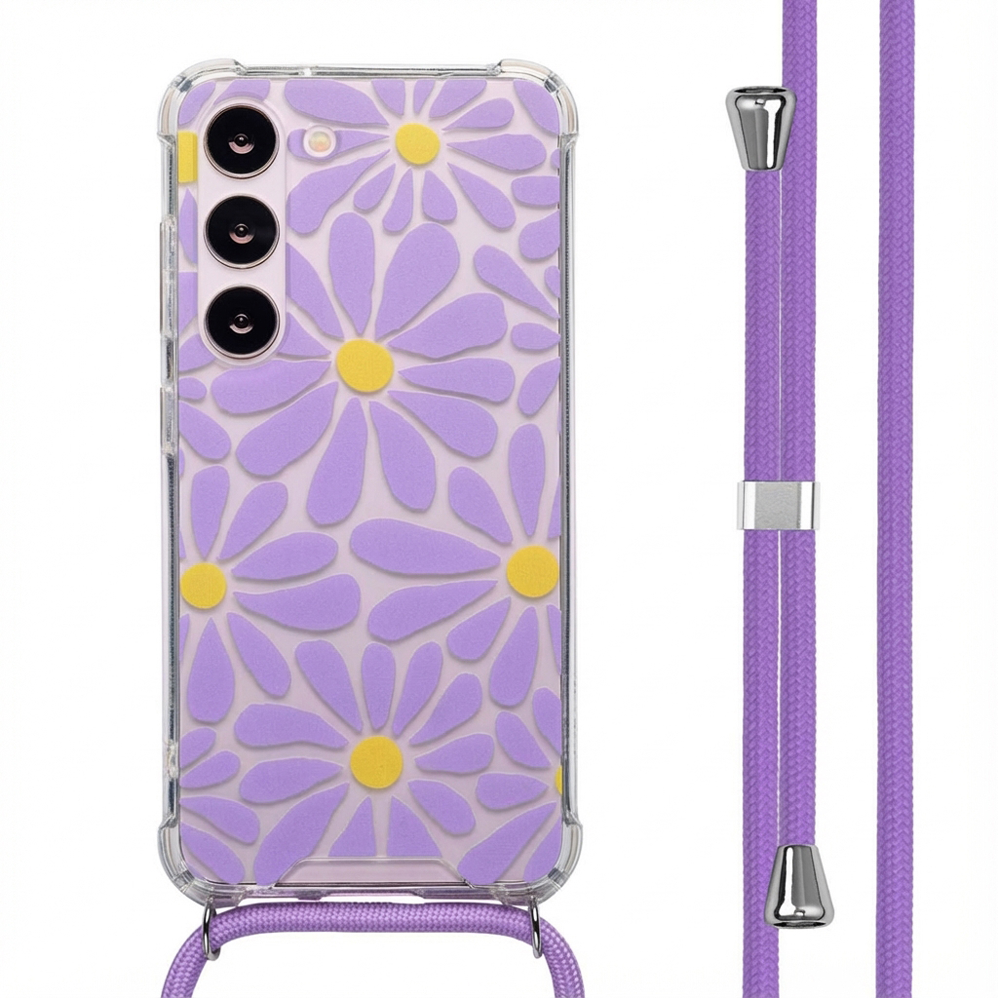 Telefoonhoesje met madeliefjespatroon en een paars koord. De hoes heeft een transparant frame. Het koord heeft zilveren details.